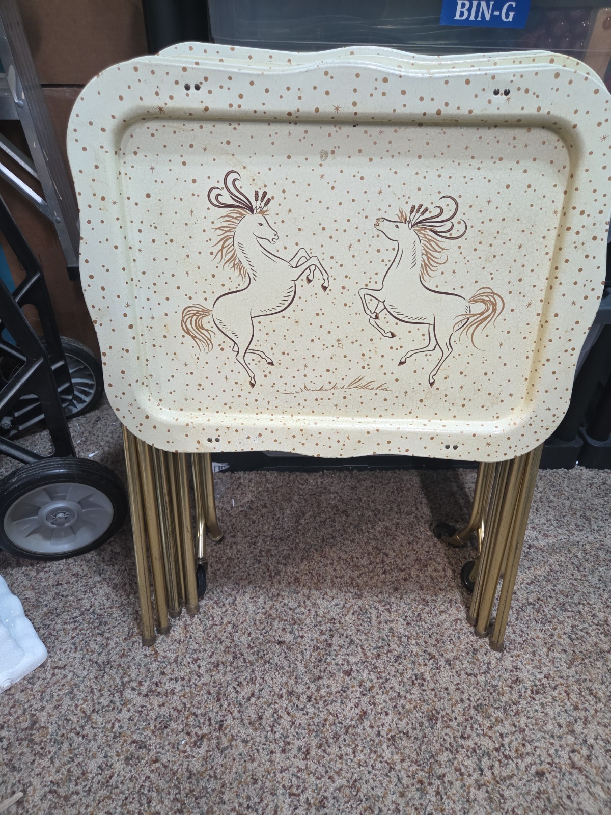 Rare 4 1970's Folding TV Trays Metal Set w/ Prancing Horses Retro Atomic MCM
