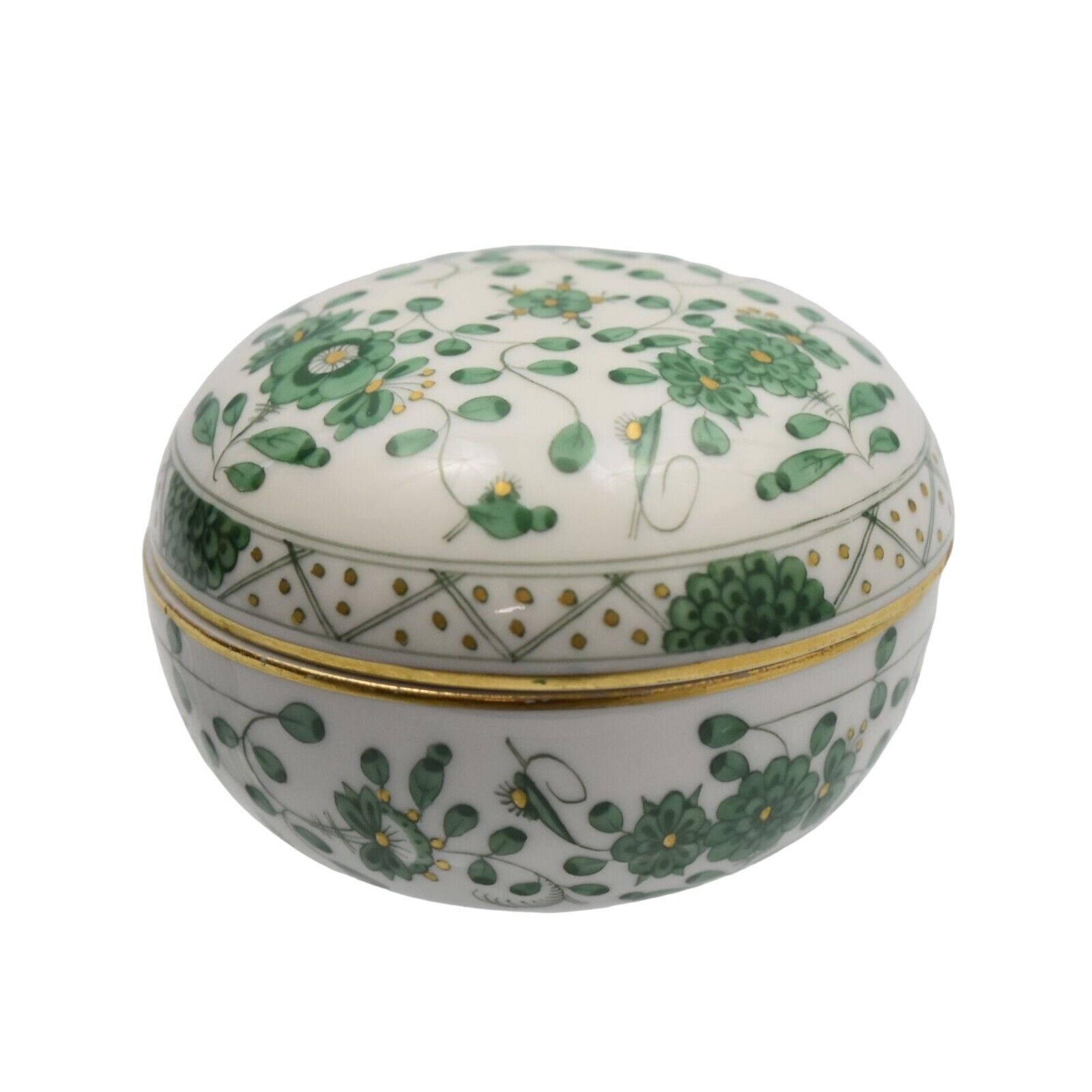 Vintage Meissen Porcelain Trinket Box Flower of Indian Round Green Gold 2 Vintage Meissen Porcelain Trinket Box Flower of Indian Round Green Gold 2