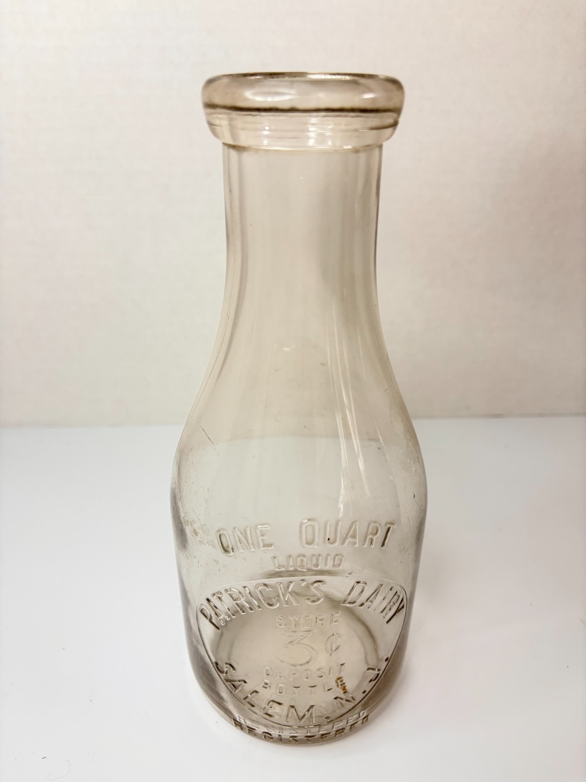 Patrick’s Dairy Store Salem NJ Quart Milk Bottle 3¢ Deposit Embossed Vintage