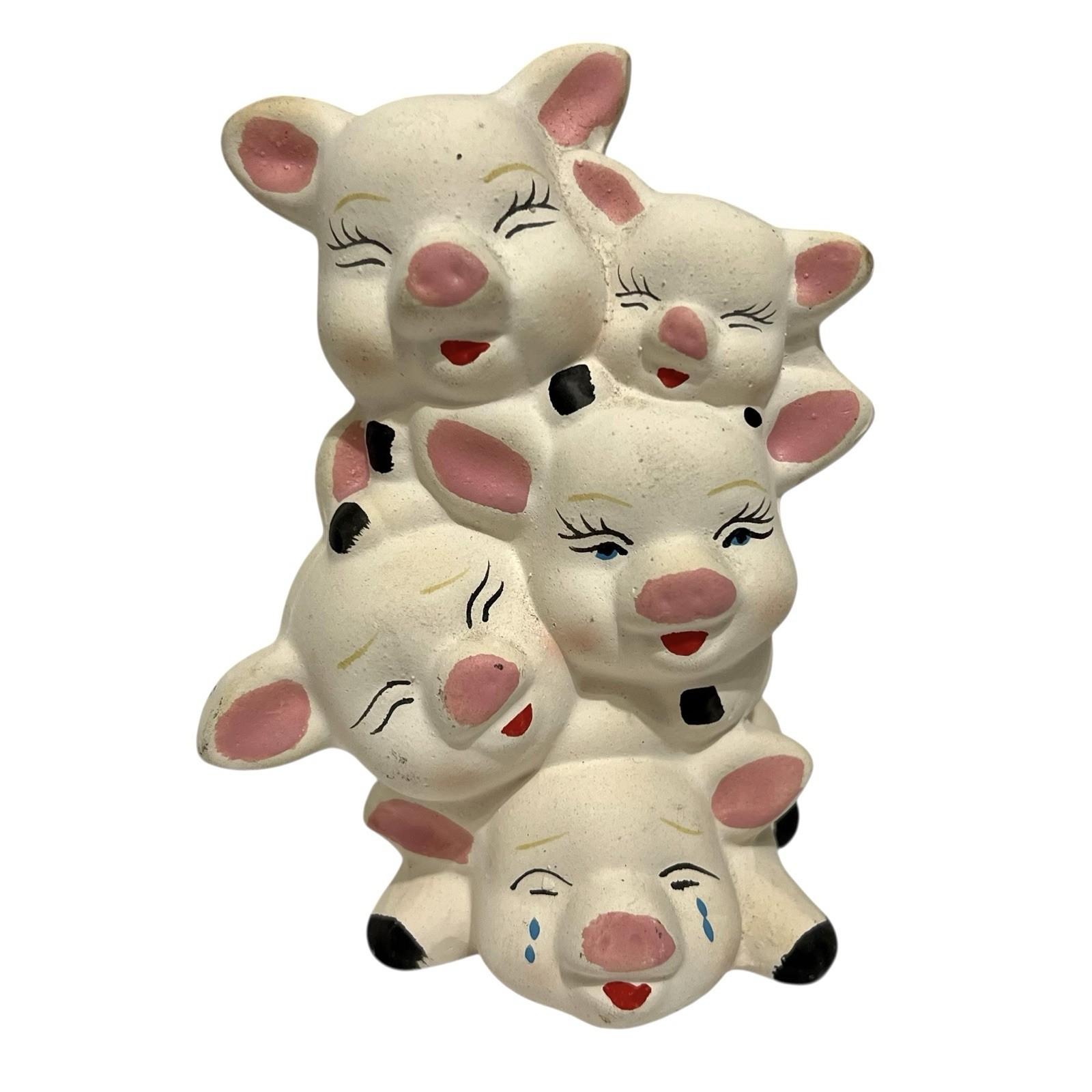Stacked Pig Faces Ceramic Bank Cute Piggy Bank 5.5” Expressions Happy Sleepy