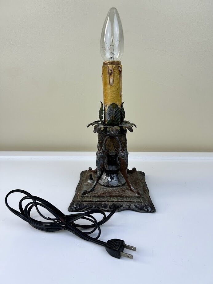 Antique Miller Lighting Co Table Lamp Cast Metal Pineapple Leaves w/Drip Candle