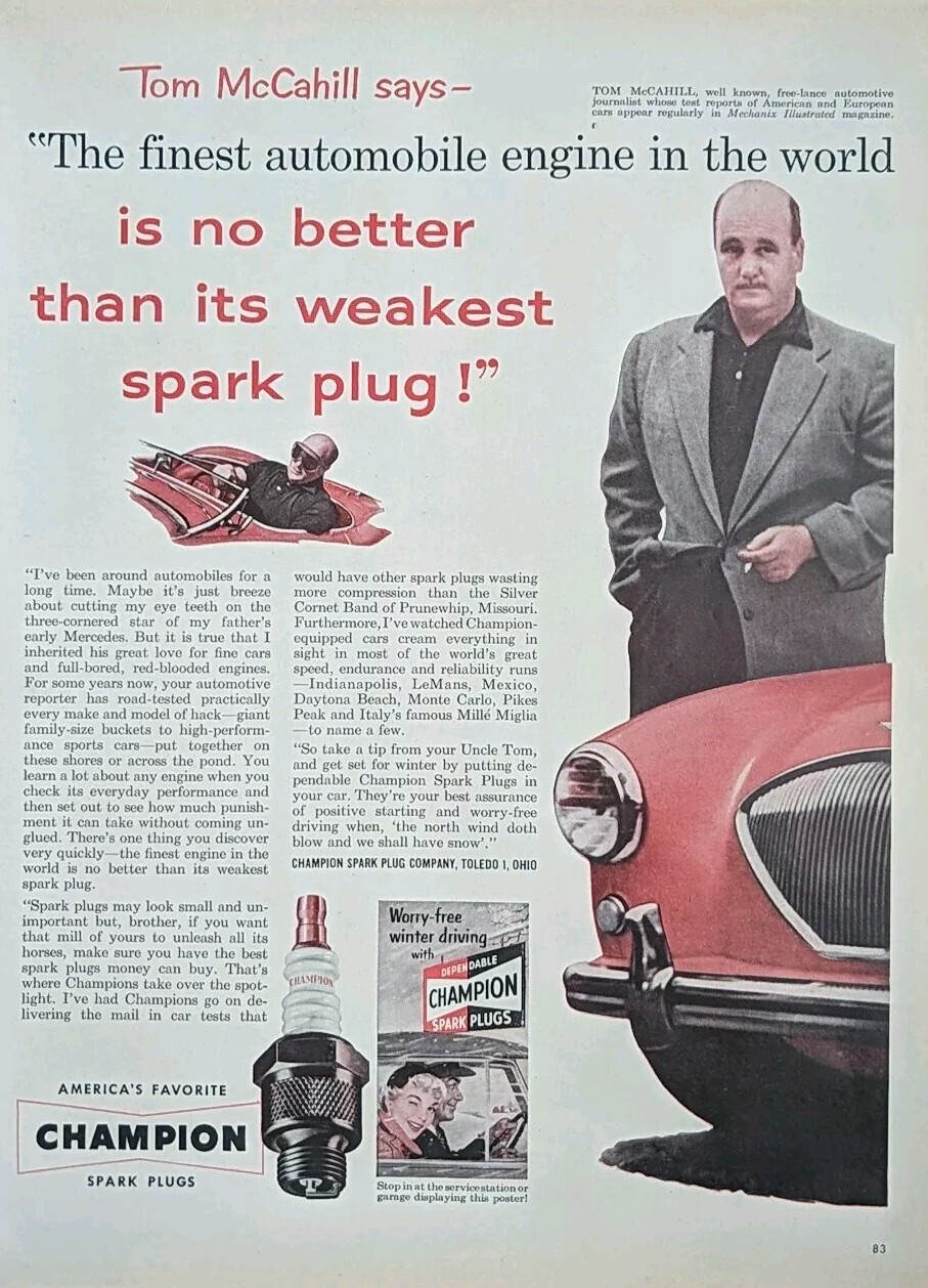 1953 Champion Spark Plug Print Ad, Featuring Tom McCahill