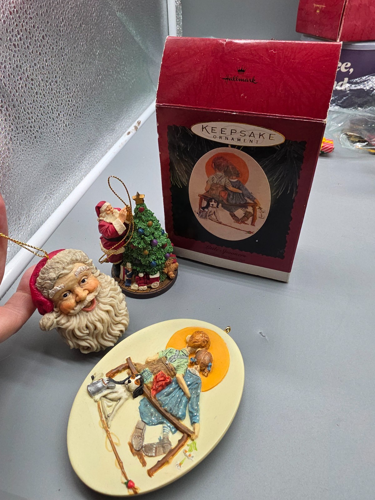 3 Norman Rockwell Christmas Ornaments Santa with tree Santa Face Little Spooners