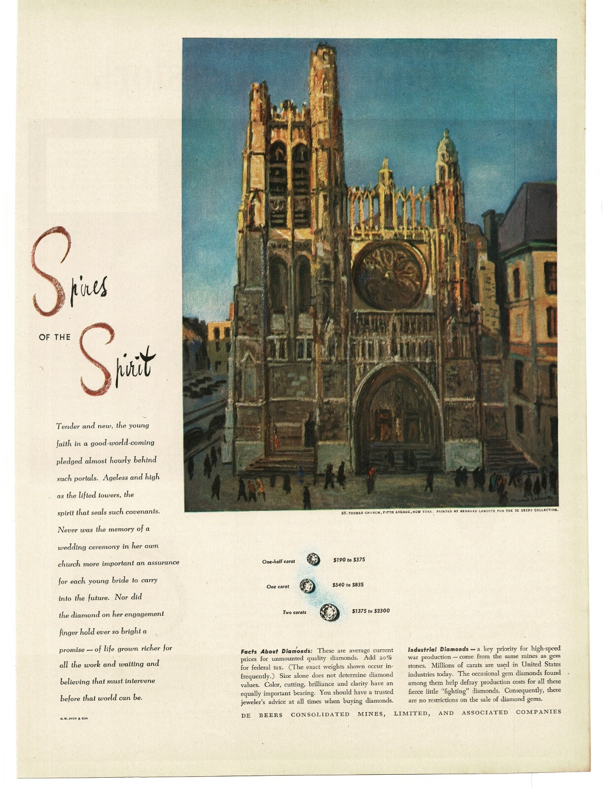 1944 De Beers Diamond Mines Notre Dame Cathedral Vintage Print Ad