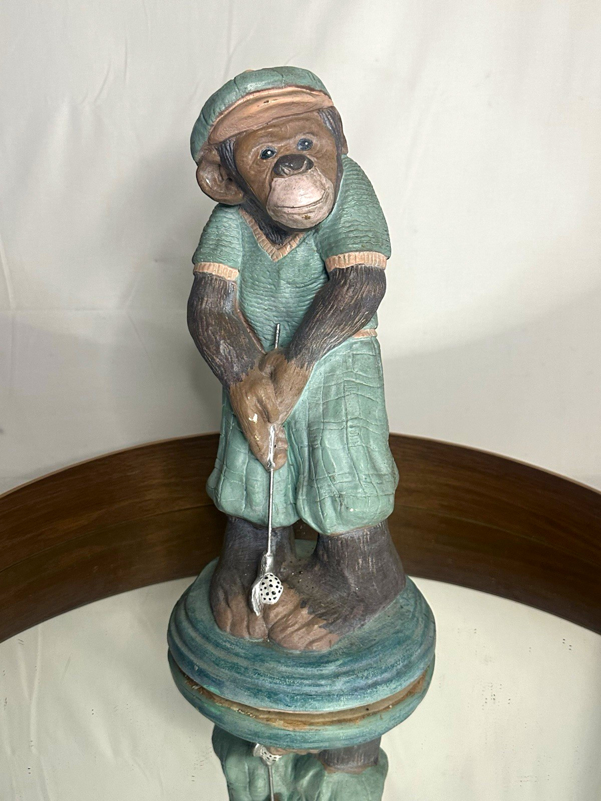 Painted Ceramic Monkey Golfer Figurine Holding Golf Putter, Green Outfit