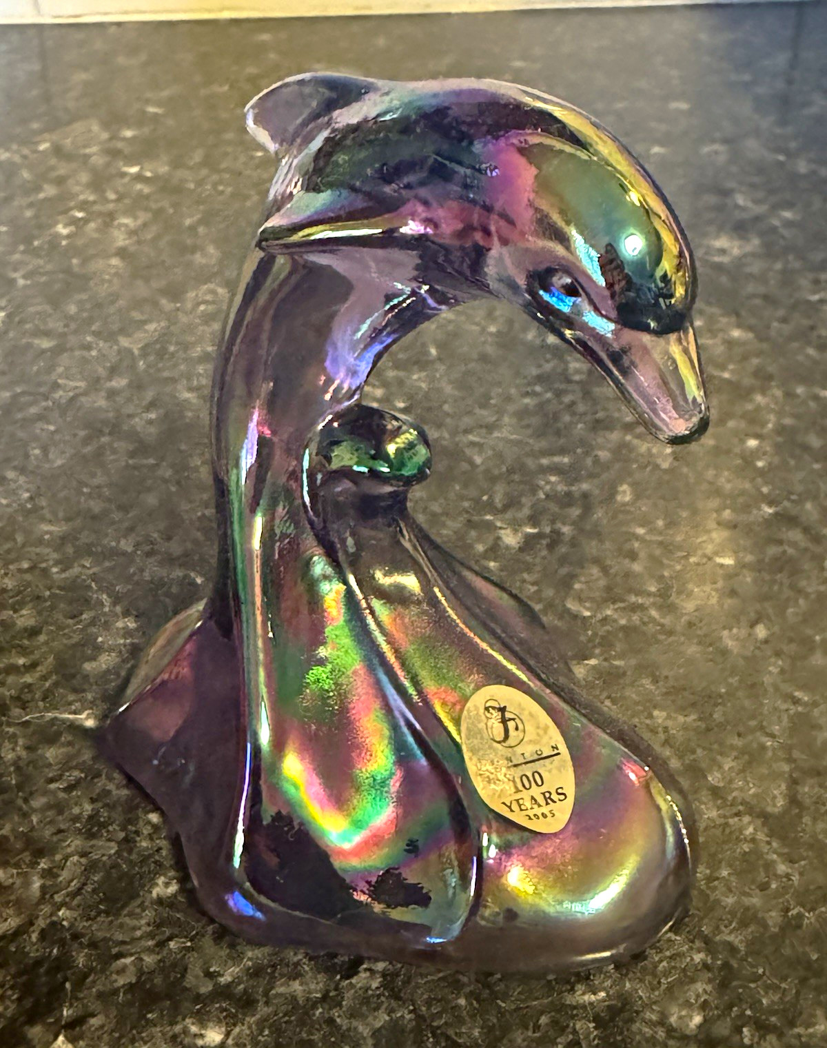 Iridescent Fenton Glass Dolphin Figurine with “100 Years” Label, 2005 Sticker