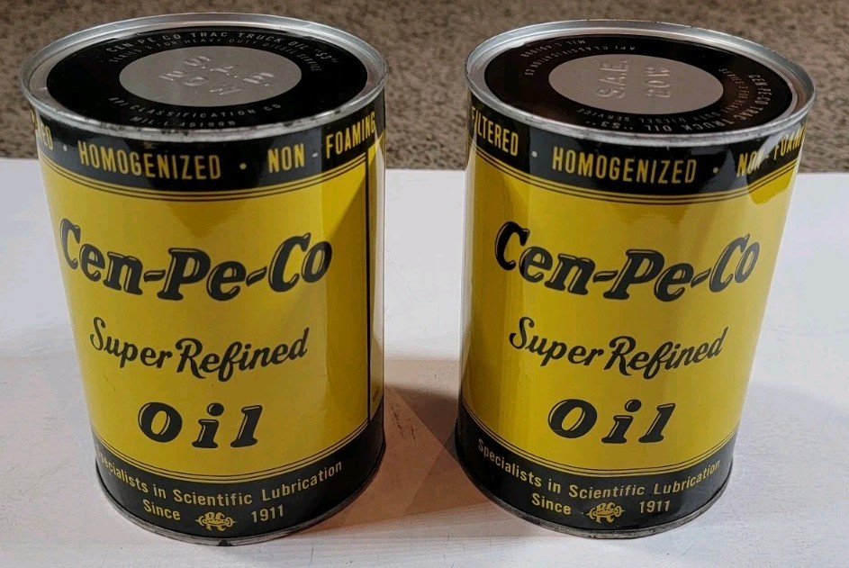 Pair Vtg NOS 1960s Cen-Pe-Co Super Refined Motor Oil 1 Quart Can Tin Full 20W 