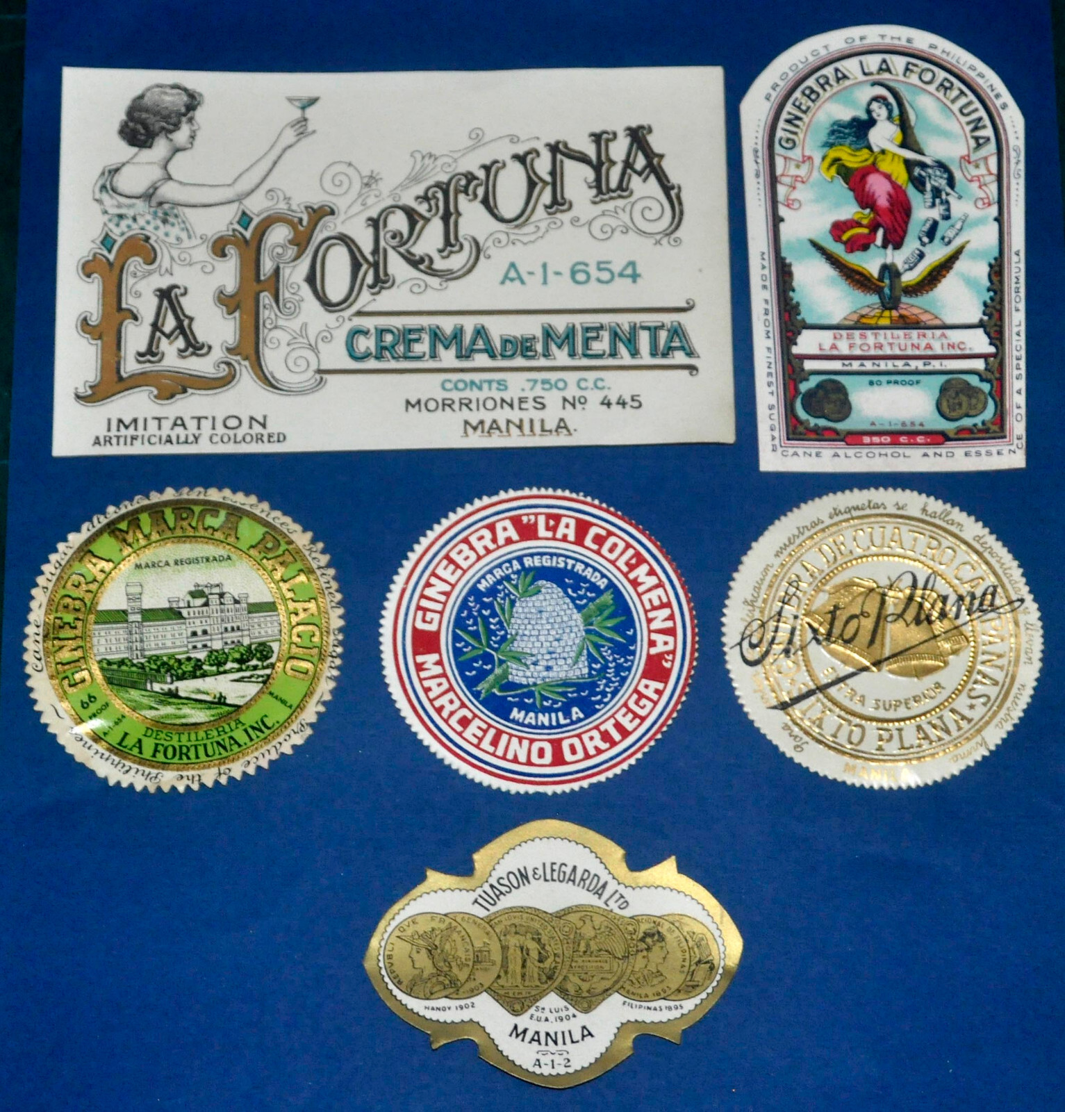 1930\'s PRE-WW2 6 pcs. Philippine WINE / LIQUOR LABELS Ginebra, La Fortuna