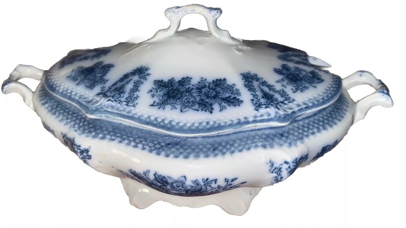 1897 WH Grindley & Co England Flow Blue Brussels Lidded Porcelain Soup Tureen