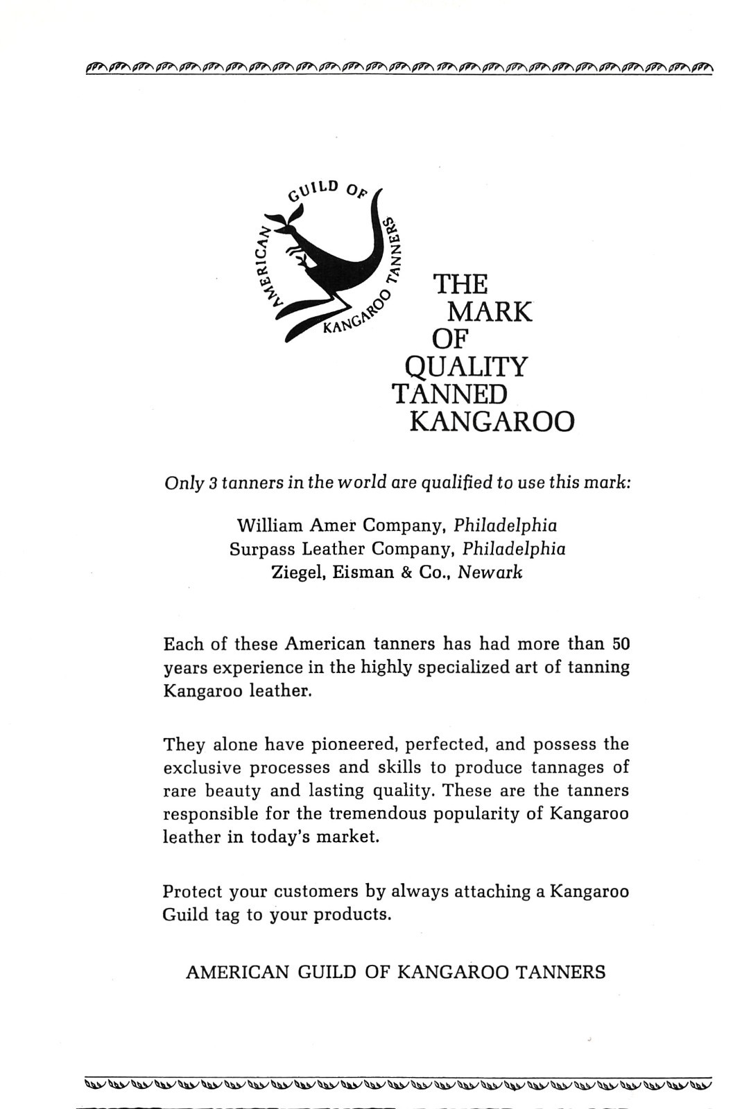 American Guild Exotic Kangaroo Leather Tanners Quality Mark Vintage Mag Print Ad