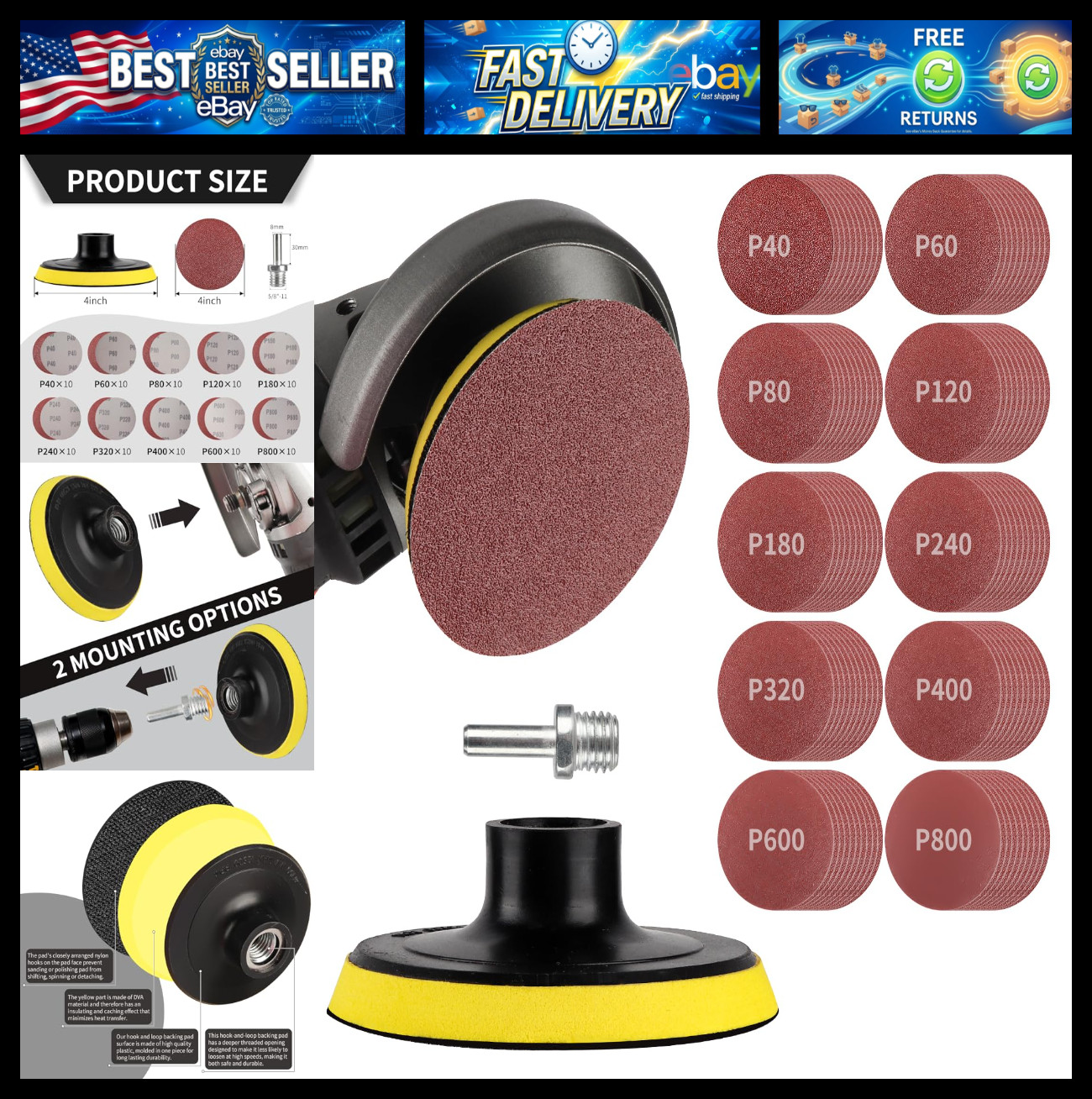 100PCS 4 Inch Sanding Discs and Hook Loop Backing Pad, Angle Grinder Sander Atta