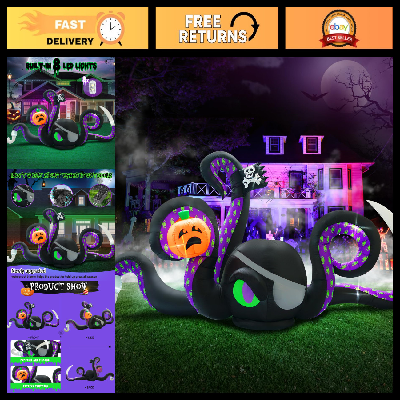 Giant 13Ft Halloween Inflatable Octopus & Black Pumpkin LED Decor for Yard Party