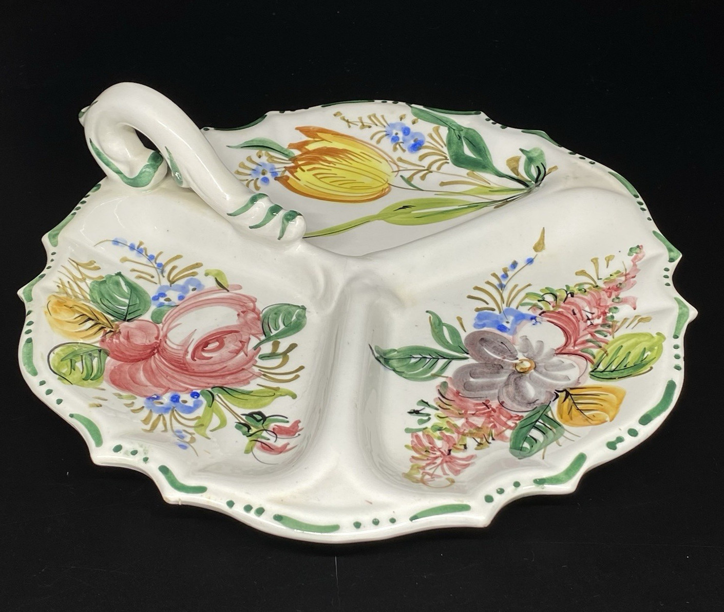 Vintage Italian Majolica Floral Divided Serving Dish Tray Hand Painted Italy
