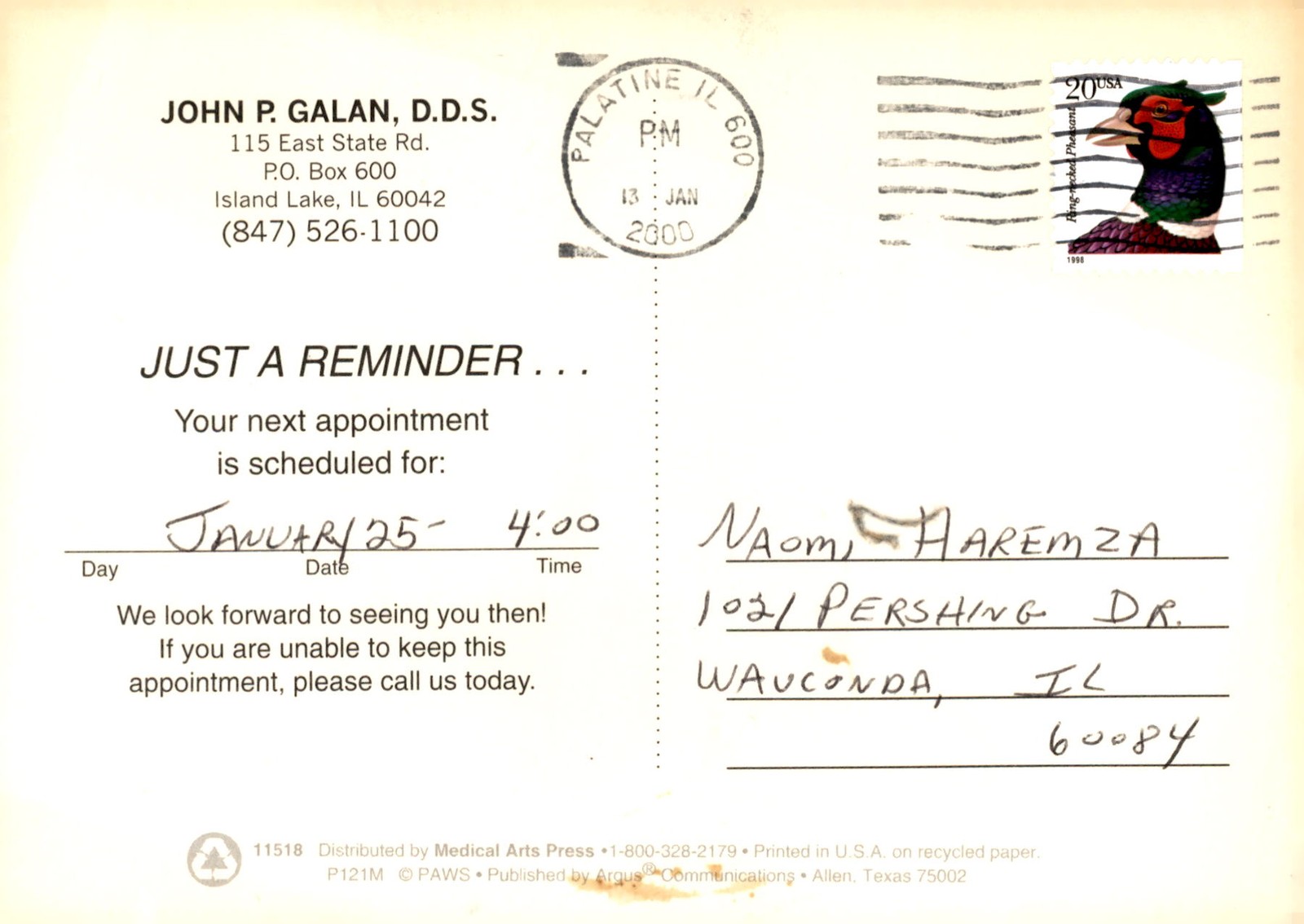Dentist Appointment Reminder for Jan 2000, Island Lake, IL Postcard Dentist Appointment Reminder for Jan 2000, Island Lake, IL Postcard