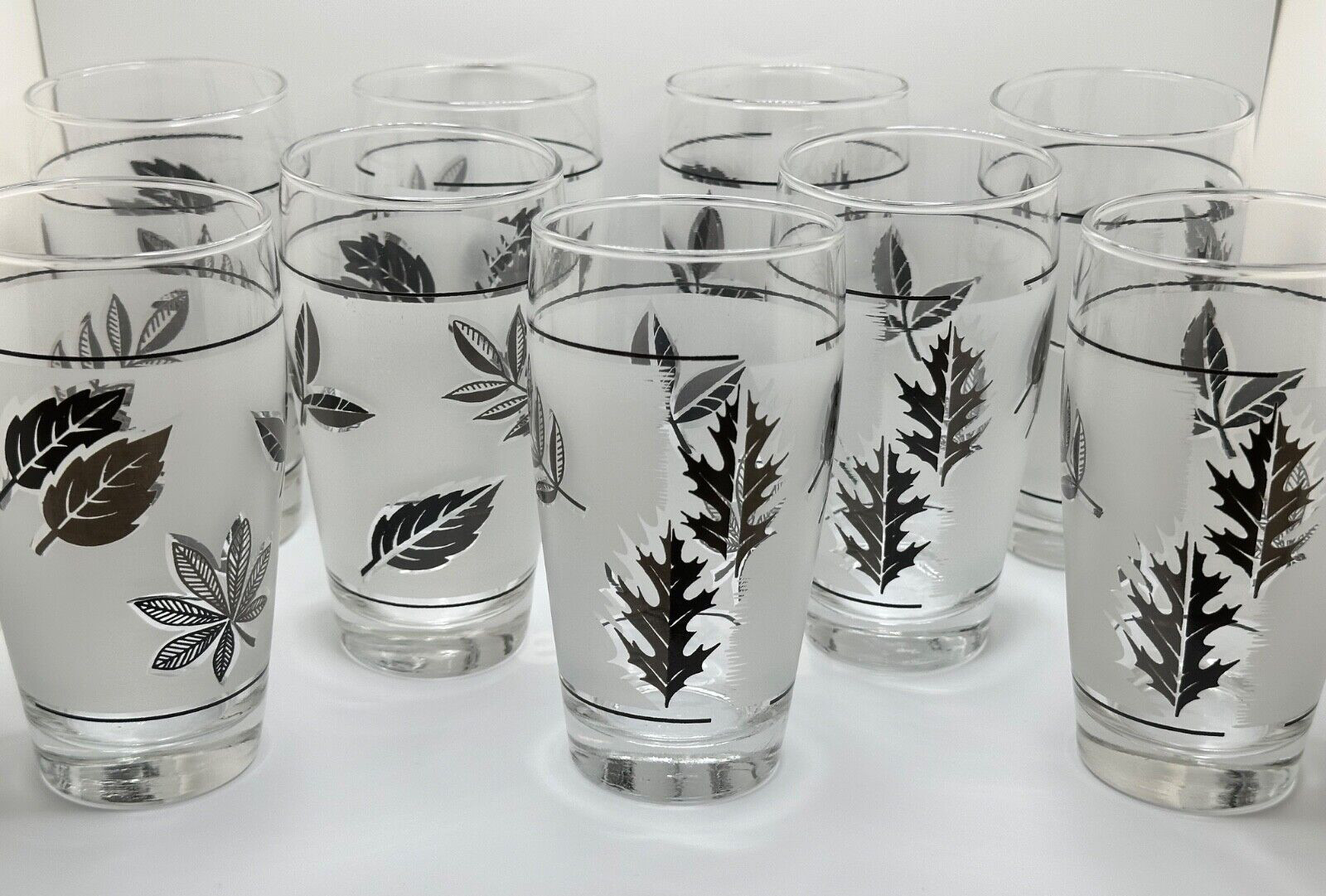 SET OF 9 LIBBEY METALLIC SILVER LEAF WATER GLASSES TUMBLERS - 12oz - Perfect SET OF 9 LIBBEY METALLIC SILVER LEAF WATER GLASSES TUMBLERS - 12oz - Perfect