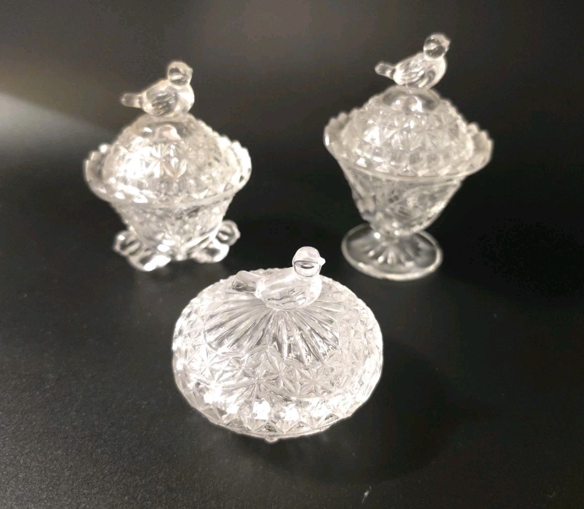 3 Hofbauer Byrdes Bird Crystal 3-Toed Footed Mini Trinket Covered Dishes