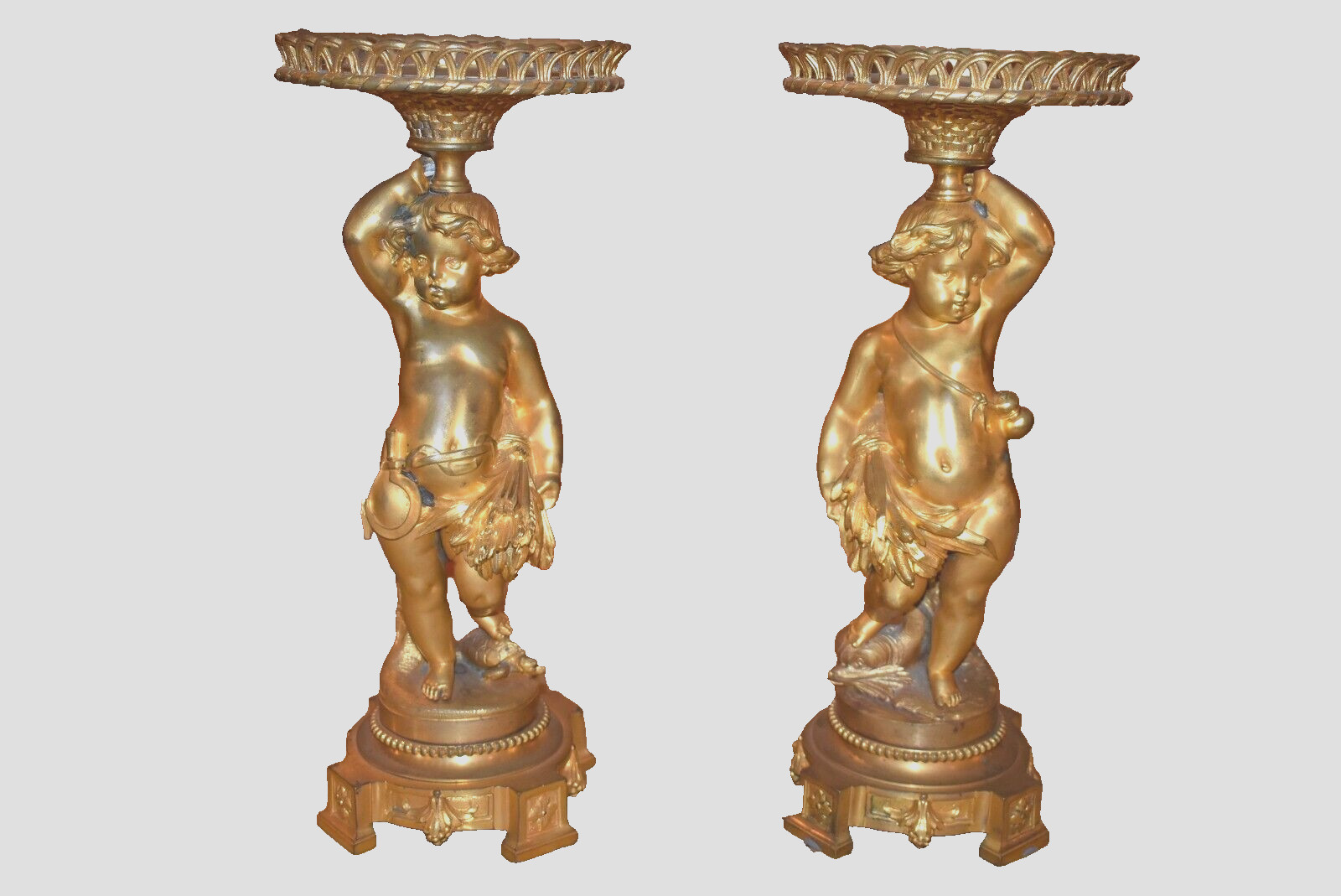 Antique Pair of Dore Bronze Figural Empire Tazzas, 19th Century, French, Estate Antique Pair of Dore Bronze Figural Empire Tazzas, 19th Century, French, Estate
