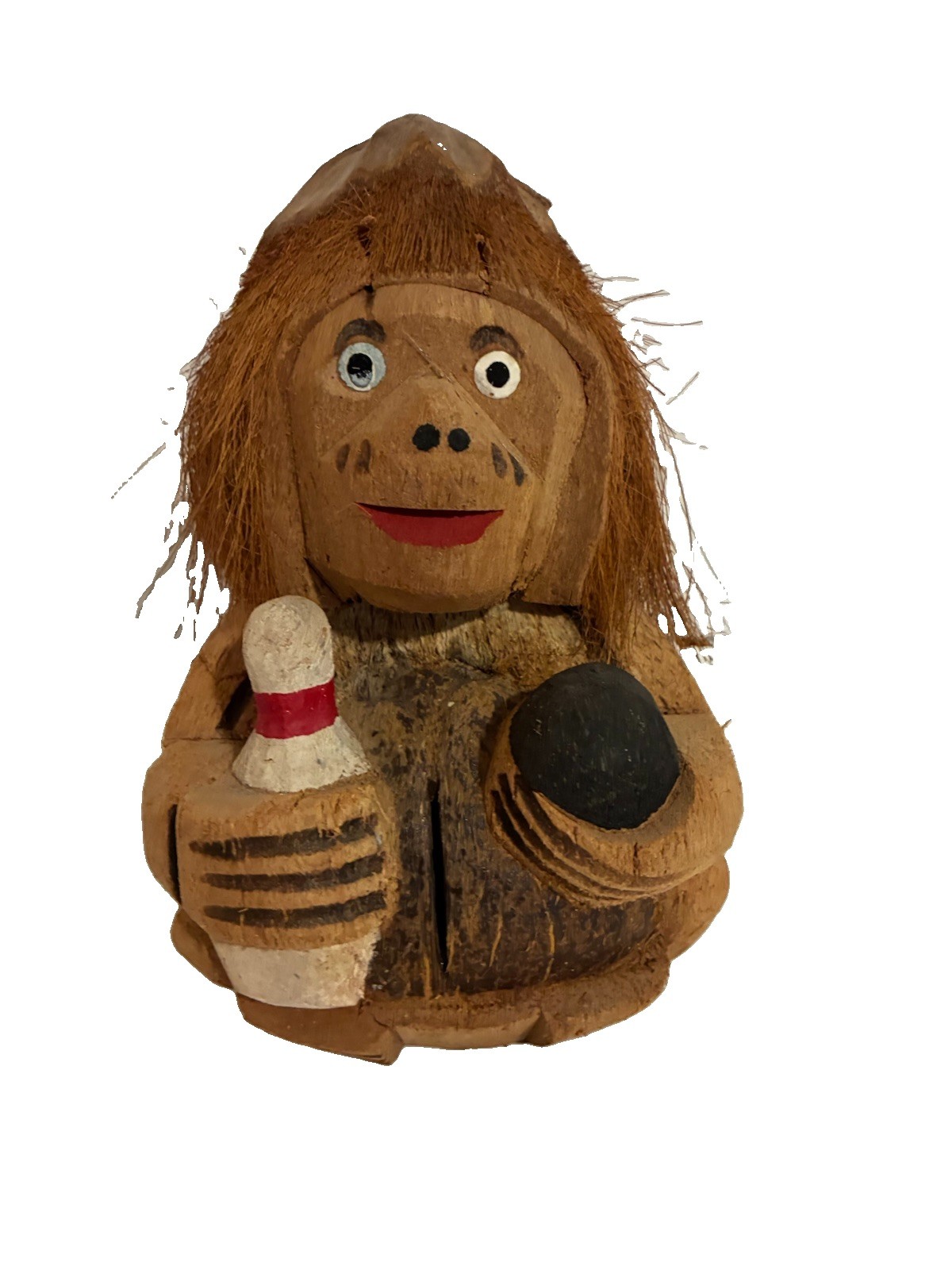 VTG Coconut Monkey Head Tiki Folk Art Hand Carved Bowler Hawaiian Craft Luau Bar