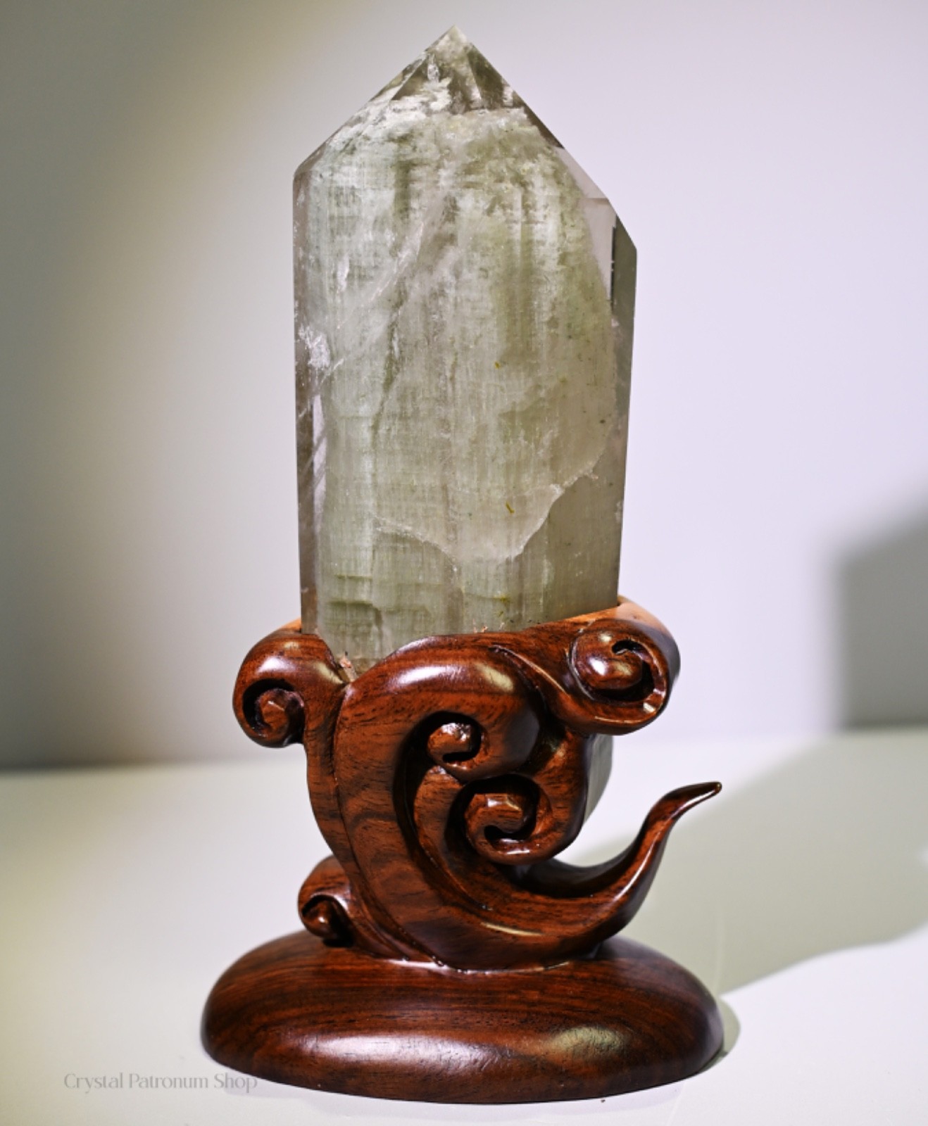 Natural Green Phantom Quartz Crystal Point w/ Carved Wood Stand 514g 4.9\