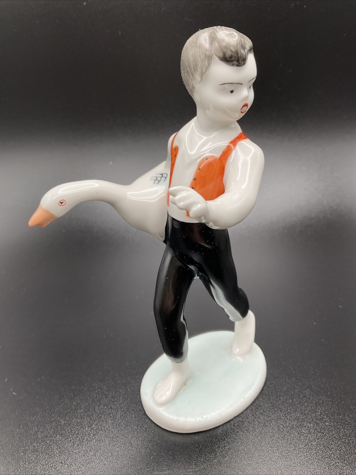 Vintage Hungarian Hollohaza Kezzel Festett Figurine Of Boy With Goose