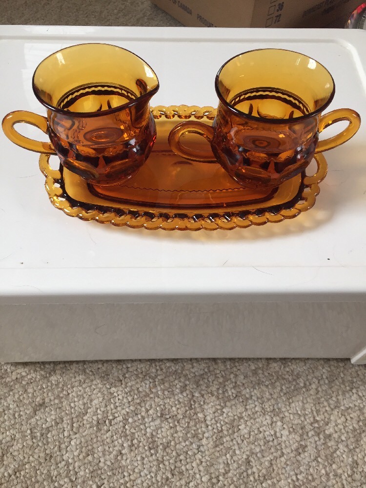 Antique Bohemian ? Amber ? Yellow Orange Glass Depression Cream Sugar Platter