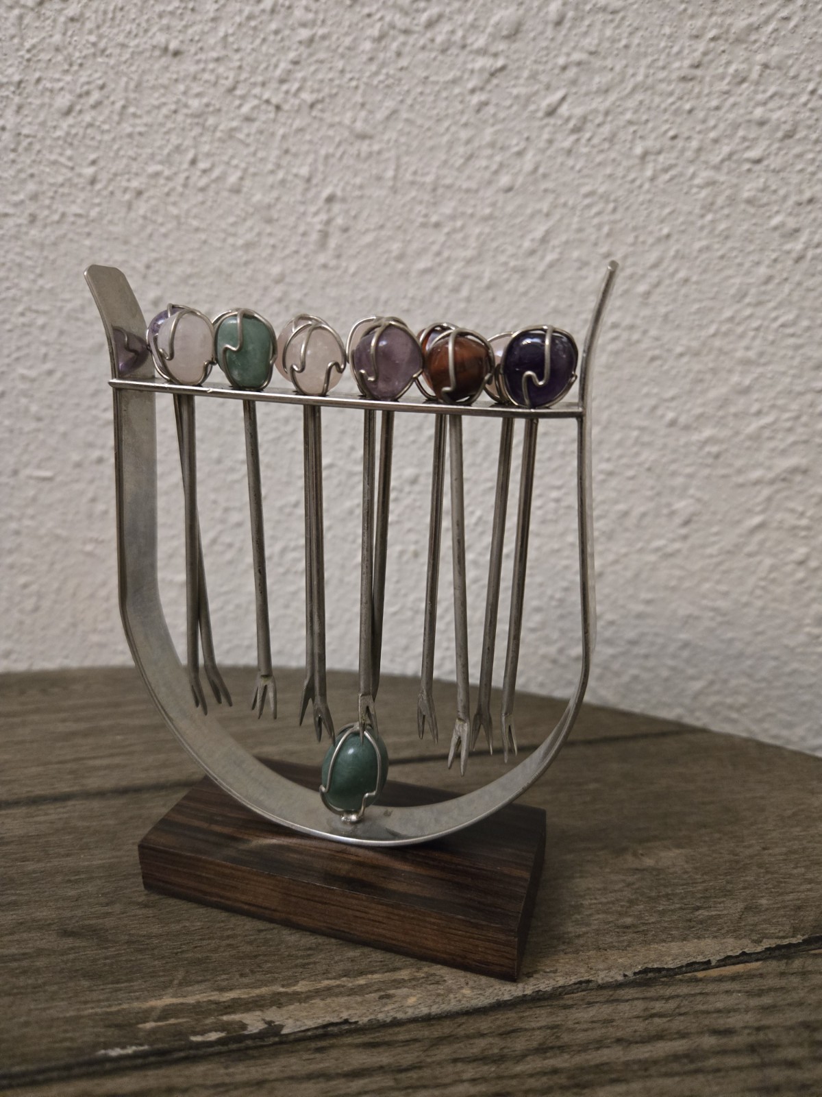 Vintage MCM Gemstone Cocktail Forks Skewers In Dark Wood & Chrome Rack Retro Vintage MCM Gemstone Cocktail Forks Skewers In Dark Wood & Chrome Rack Retro
