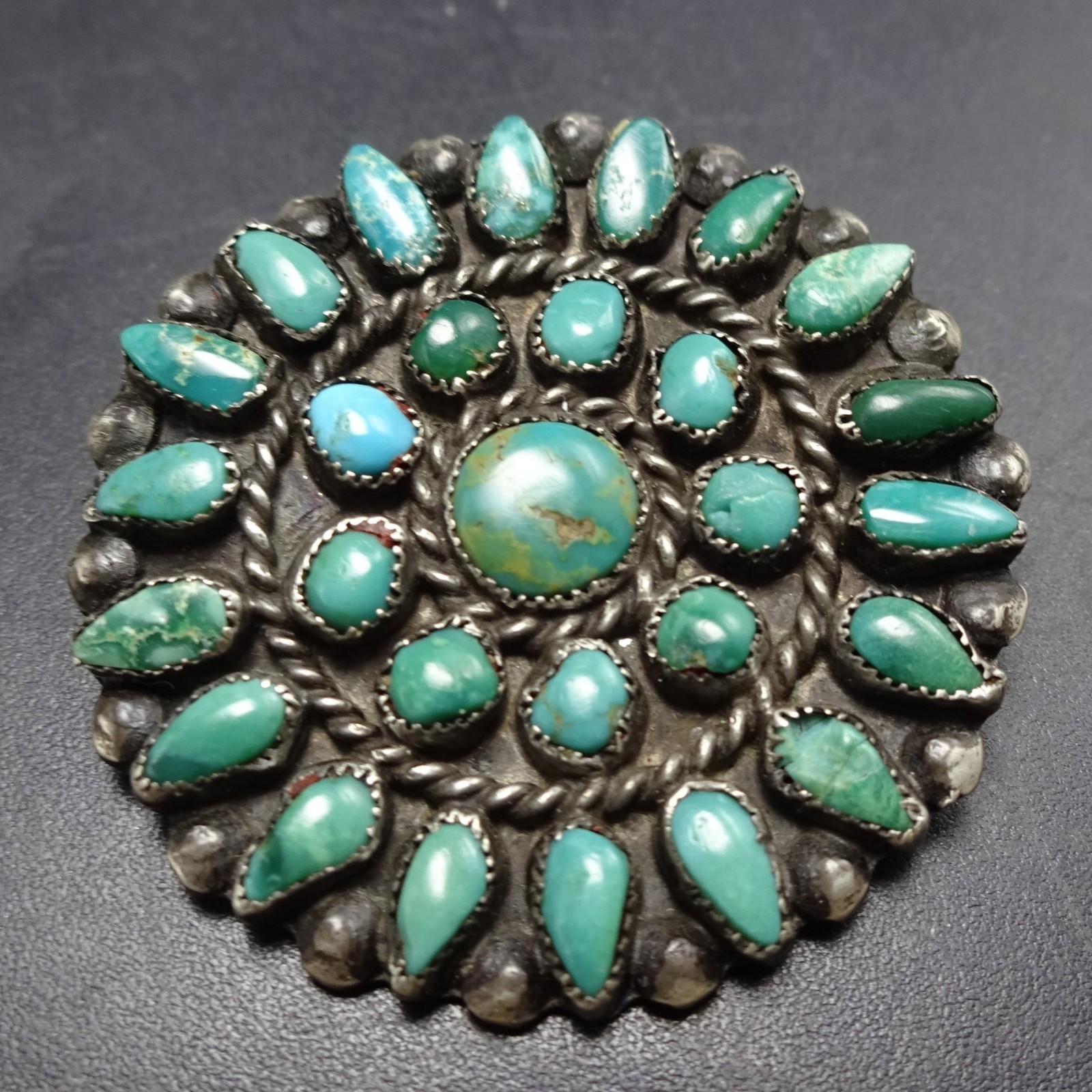 1940s Vintage NAVAJO Sterling Silver TURQUOISE Cluster Petit Point PIN/BROOCH