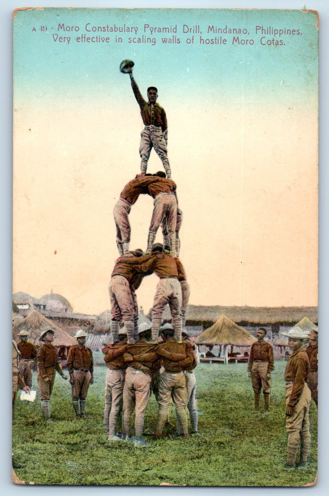 Mindanao Philippines Postcard Moro Constabulary Pyramid Drill c1910 Antique