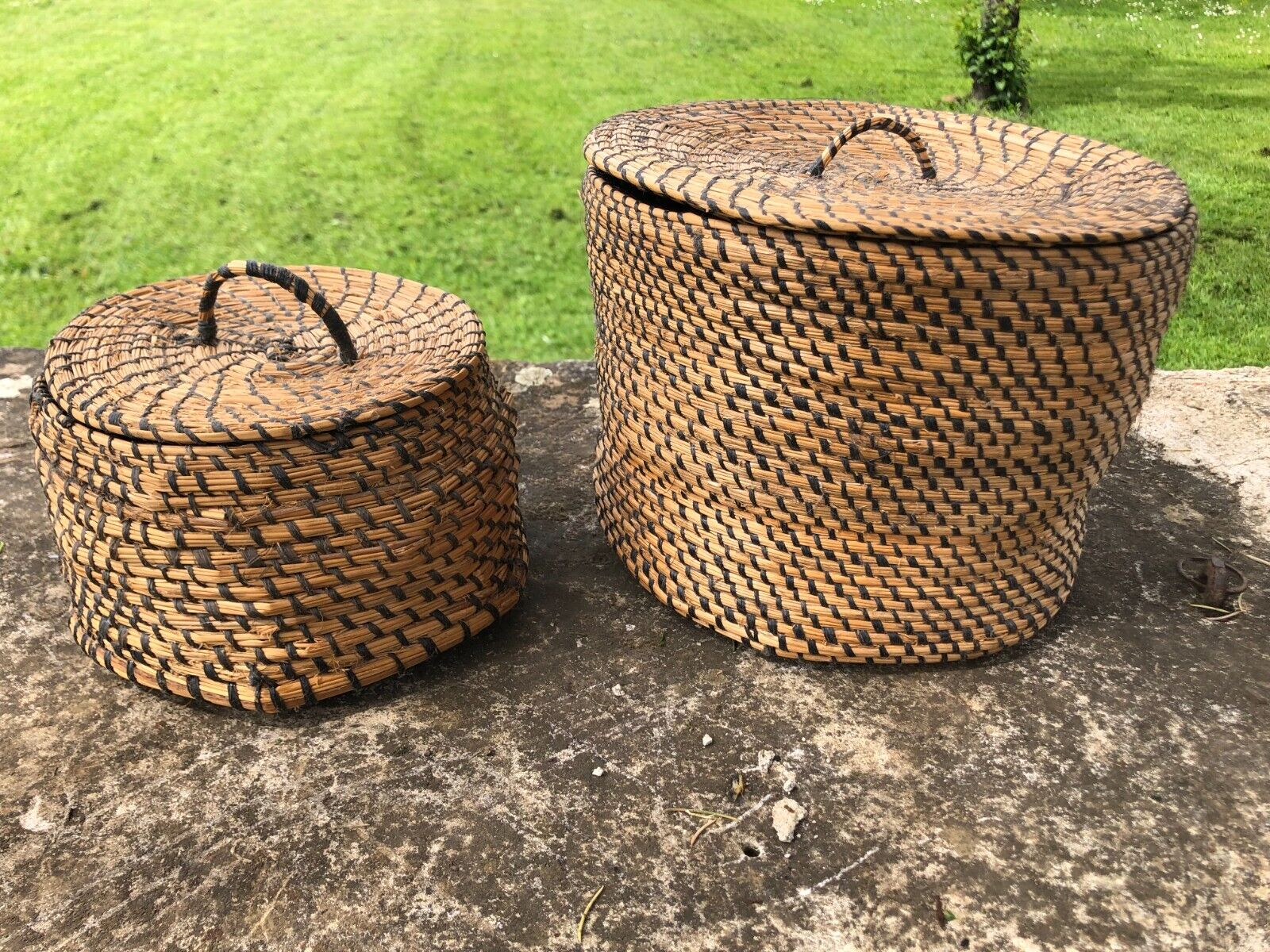 Pair Antique French Hand Woven Rye Straw Coiled Lidded Baskets c1900s