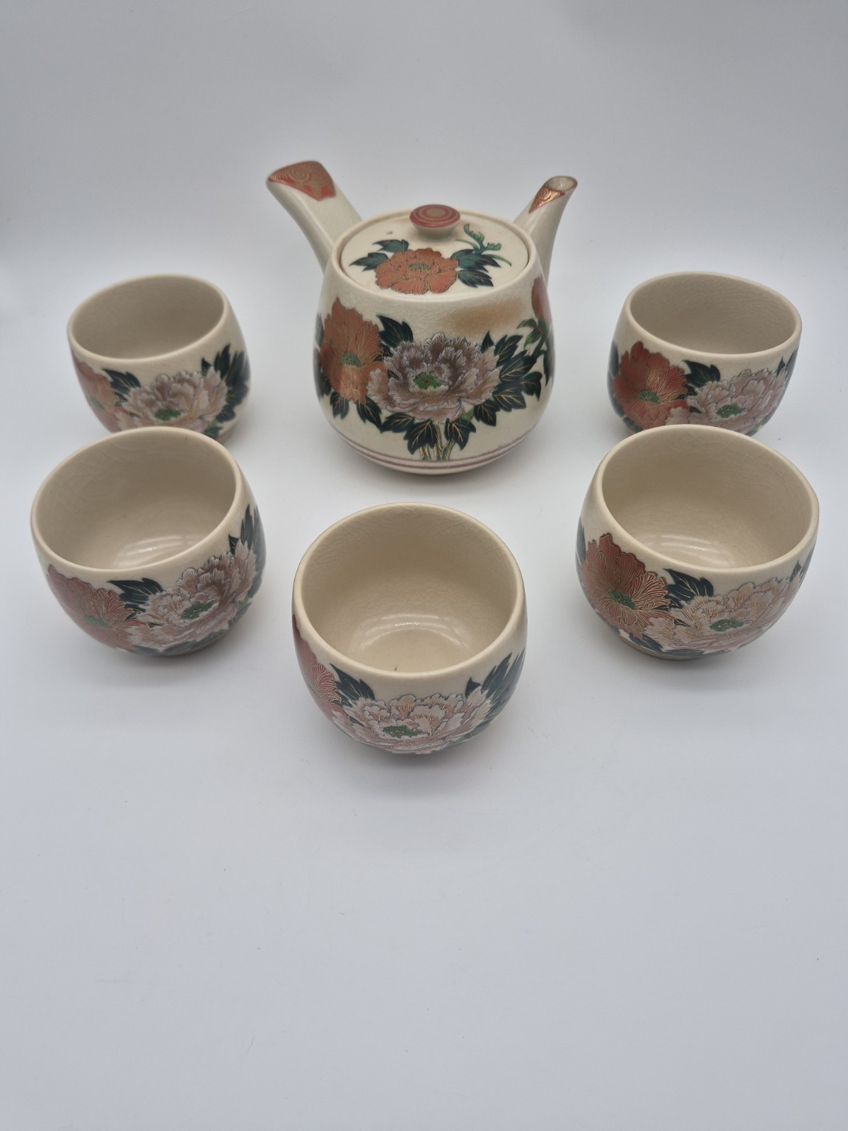 Vintage Japanese Kutani Ware Shogetsu Tea Set Floral Teapot 5 Cups Hand Painted