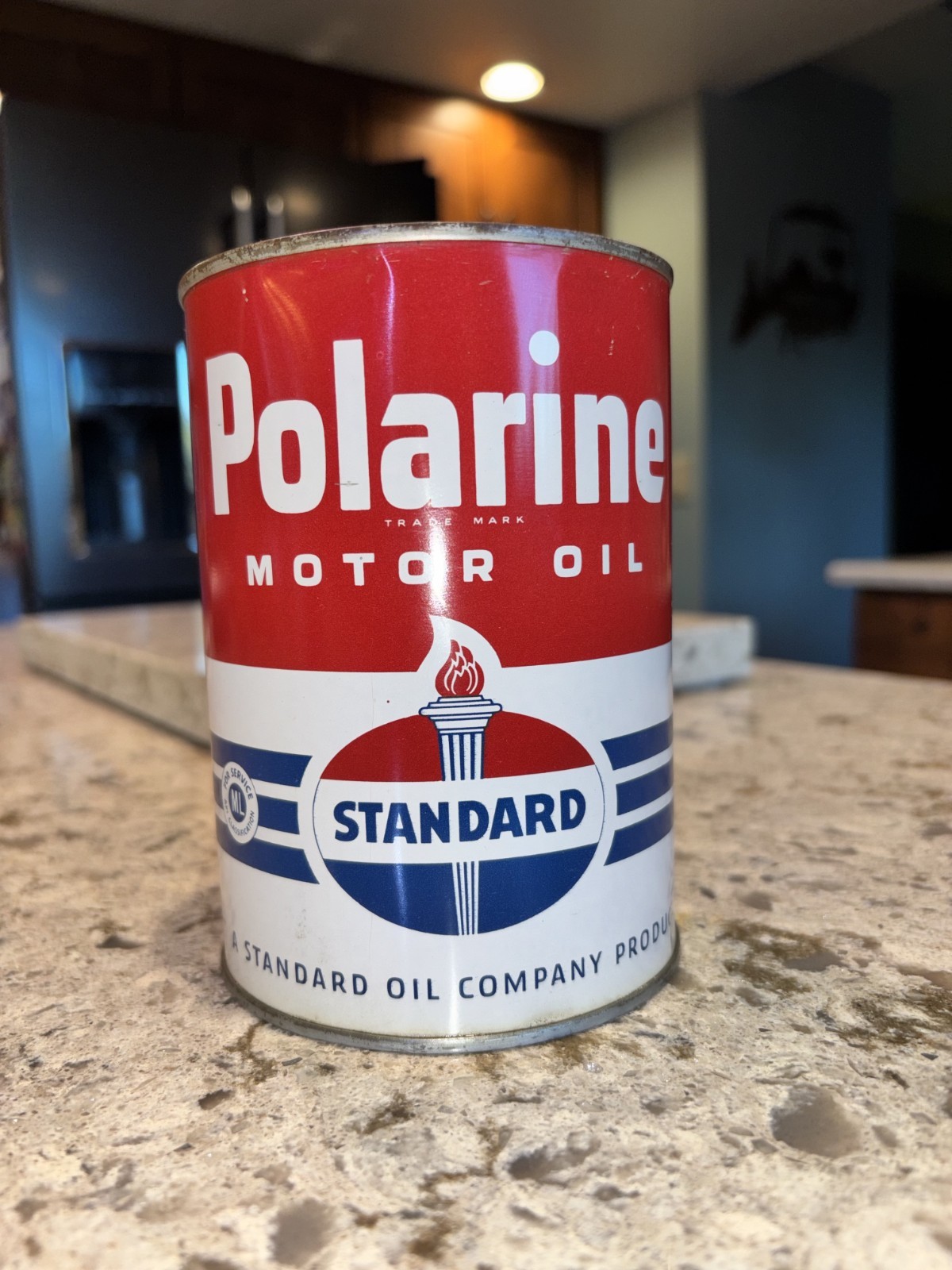 VG++ Standard Oil Polarine Motor Oil Can — Torch Logo — Vintage Quart Tin — Gas