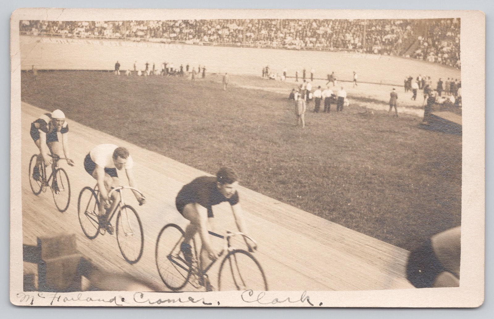 RPPC Bicycle Track Race Cyclists McFarland Cramer Clark Postcard