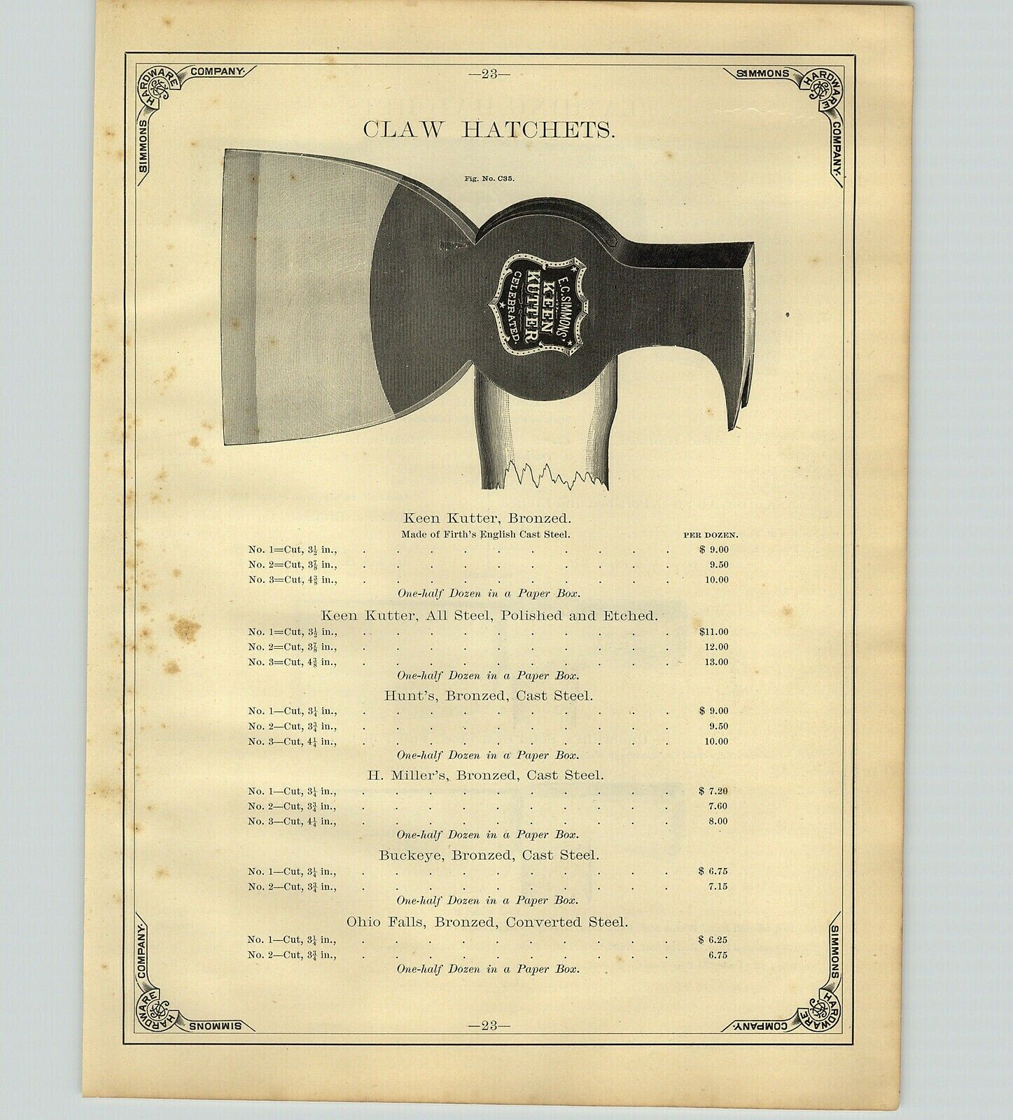 1890 PAPER AD Keen Kutter Claw Lathing Hatchet Simmon\'s Underhill Boston