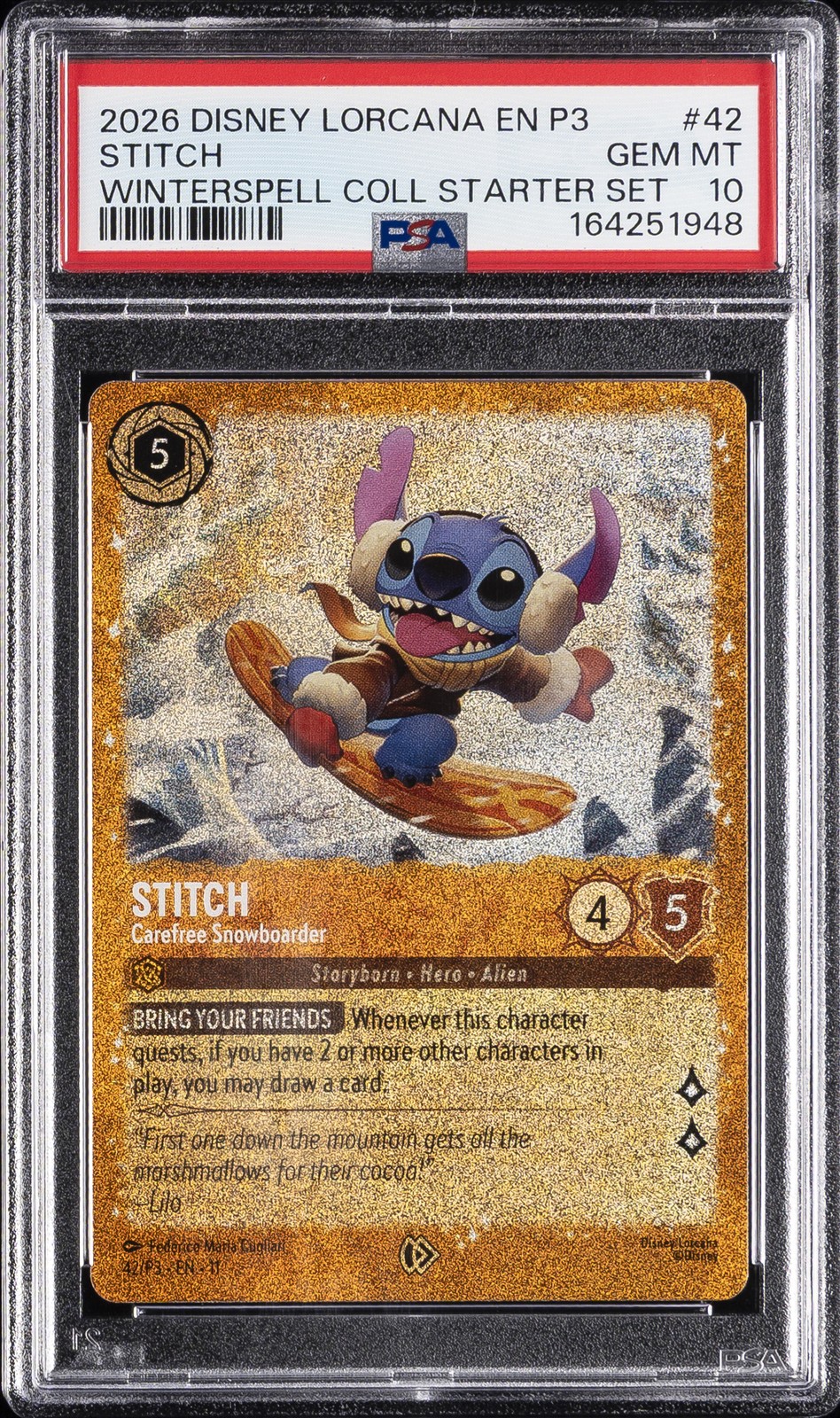 2026 DISNEY LORCANA EN P3-PROMO #42 STITCH - CAREFREE SNOWBOARDER PSA 10