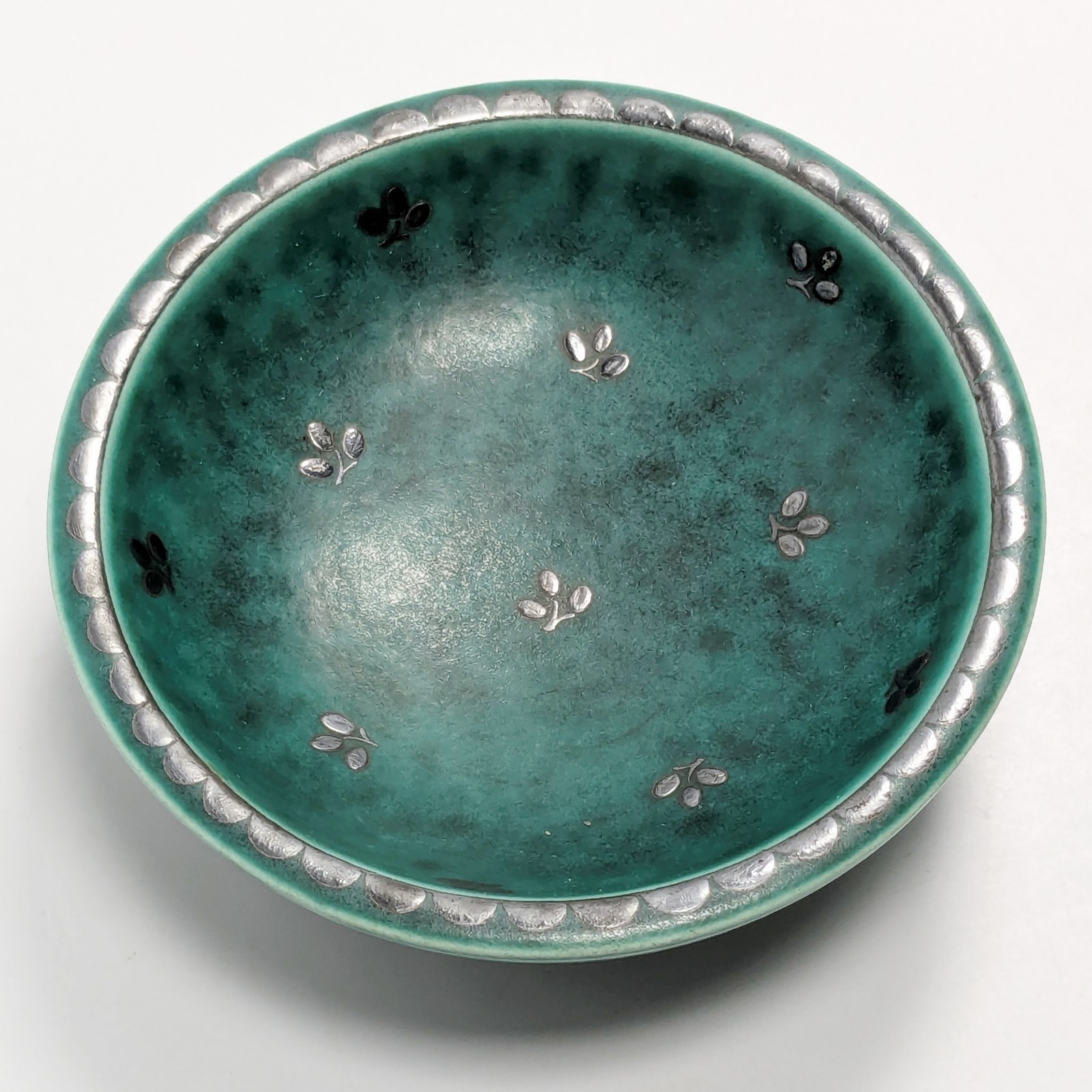 Gustavsberg Argenta Sweden Green Bowl Silver Flower Wilhelm Kage 9.8 cm