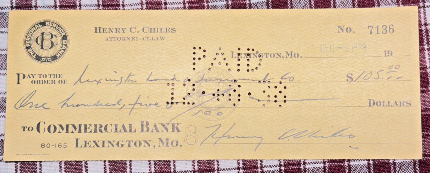 1938 Antique Check - Henry Chiles Commercial Bank Lexington, Mo. $105.00 ~ SP209