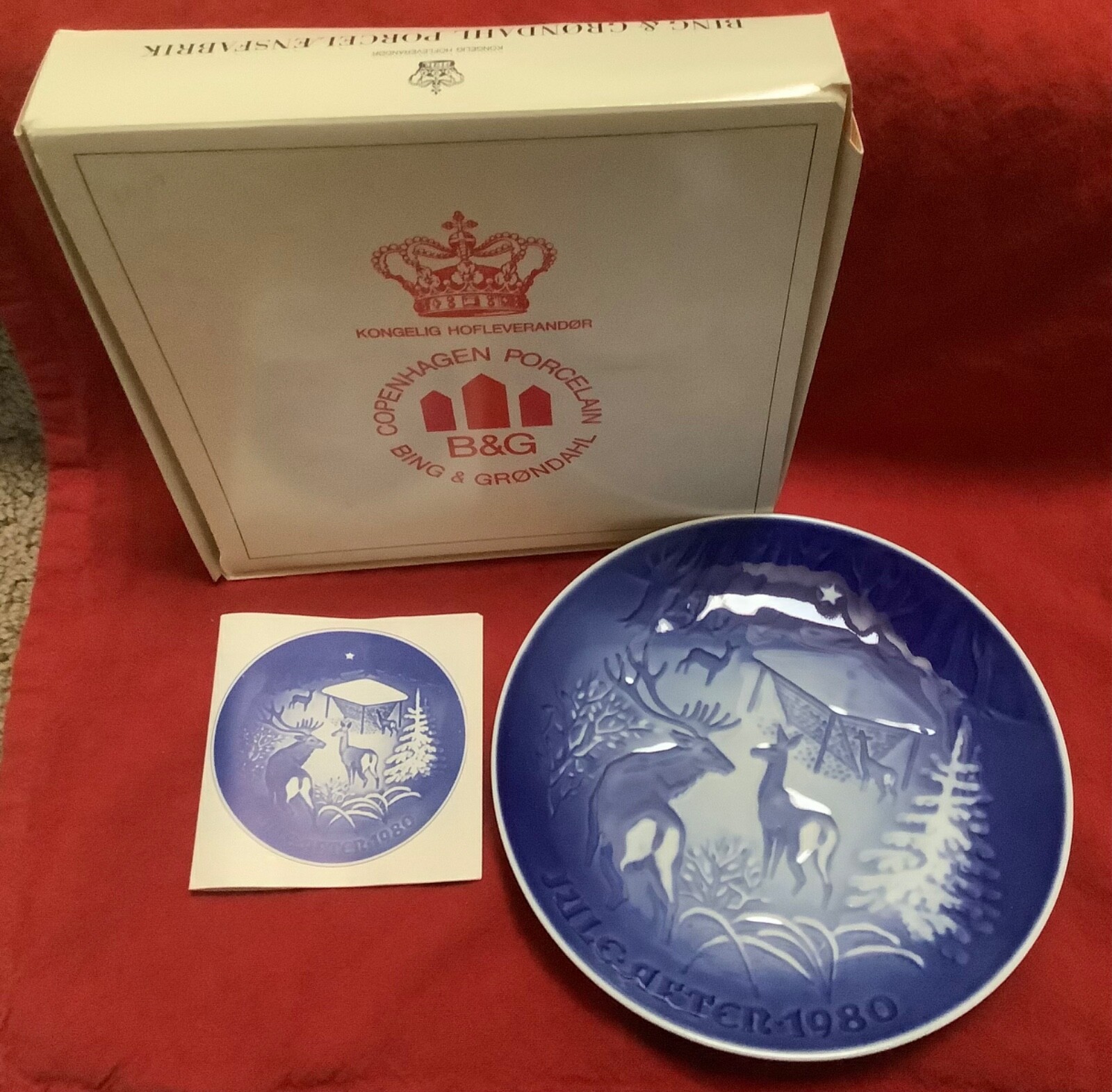 pb3 Vtg COMLPETE 1980 Bing & Grondahl 7” DELFT Christmas PLATE Deer in the Woods