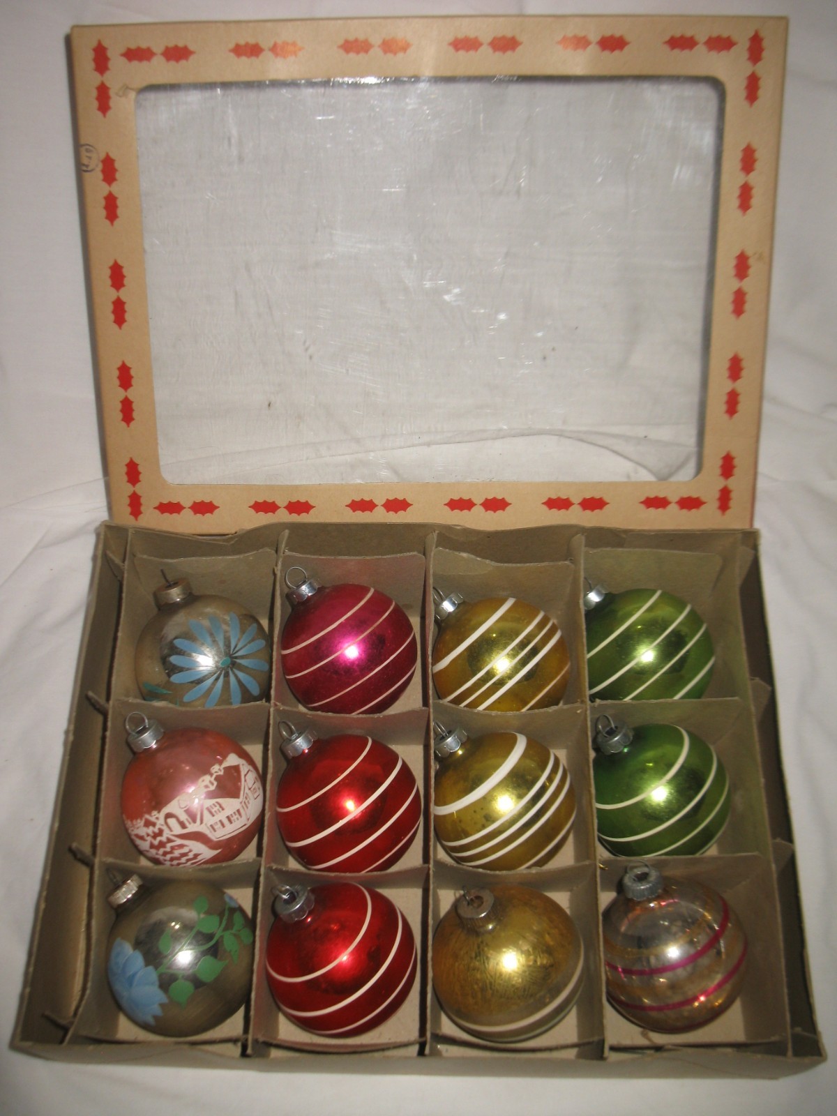 Vintage Glass Christmas Ornaments Bulbs Balls 12 Striped & Floral w/Box