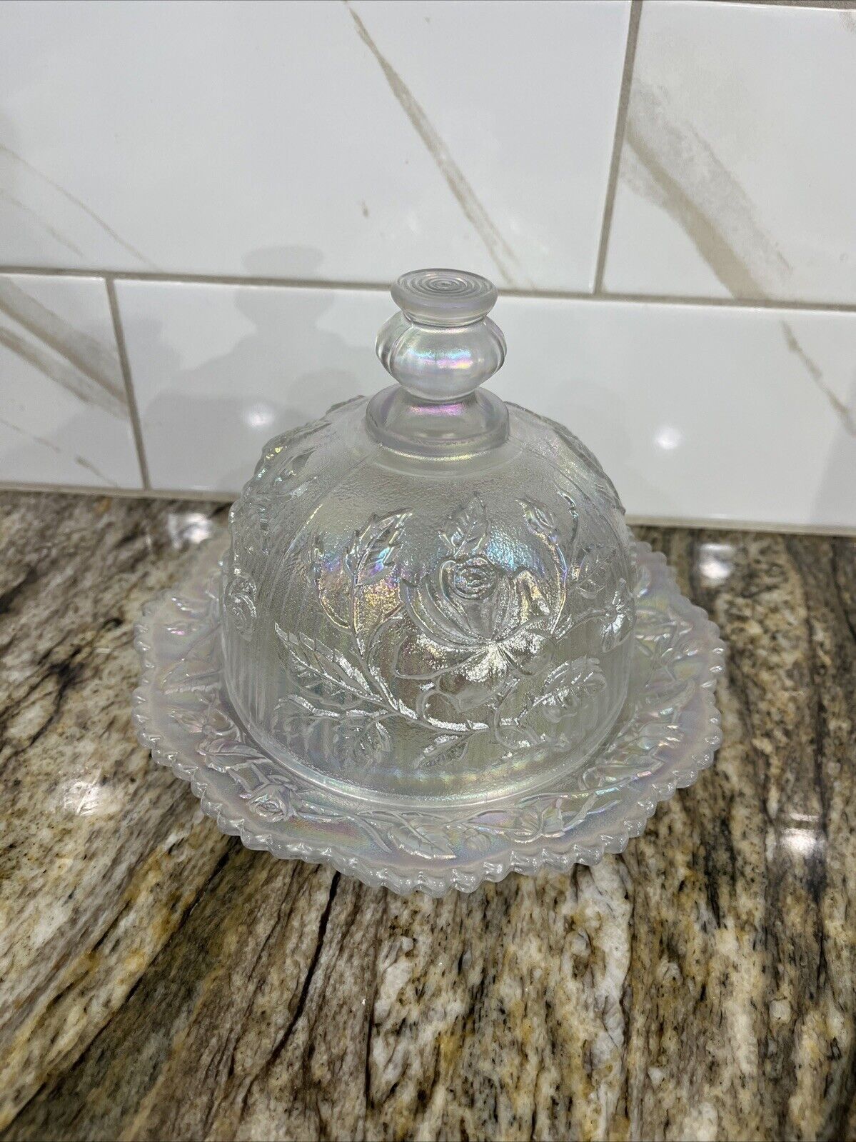 Vintage Imperial Wild Rose Marigold Carnival Glass Round Covered Butter Dish
