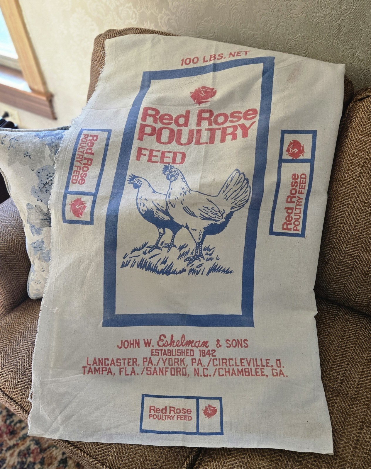 Vintage 1940' Red Rose Chicken Poultry Feed 100 lb Feed Sack Bag Eshelman, York