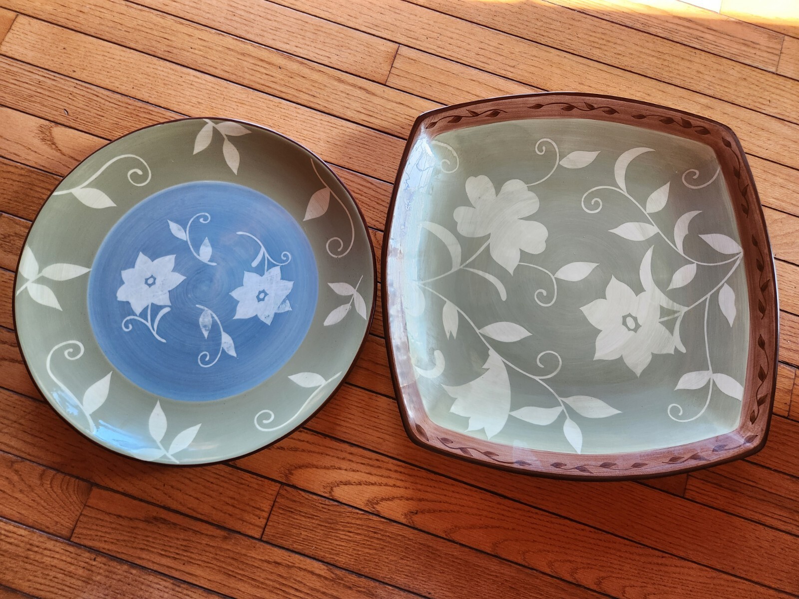 Pfaltzgraff Patio Garden Square & Round Platter Set Blue Green Floral HTF RARE