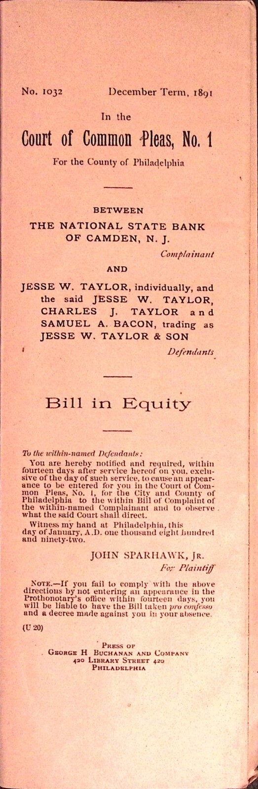 1891 Philadelphia Court of Common Pleas Bill in Equity Bank vs Taylor Document