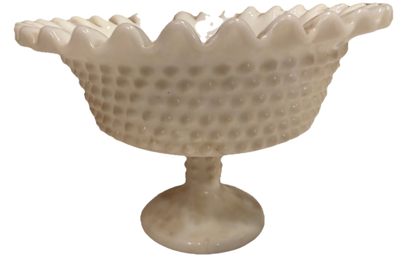 VINTAGE FENTON WHITE MILK GLASS PEDESTAL BOWL CANDY DISH HOBNAIL RUFFLED EDGE