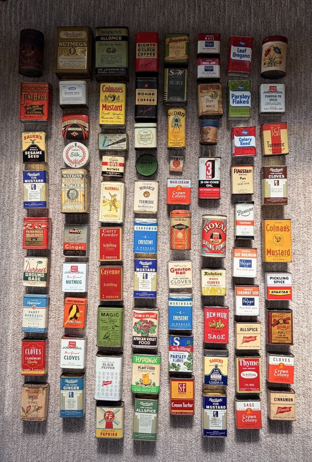 Large lot of 70+ Antique Spice Tins Collection~some RARE~Bird Seed Banks Ribbon Large lot of 70+ Antique Spice Tins Collection~some RARE~Bird Seed Banks Ribbon