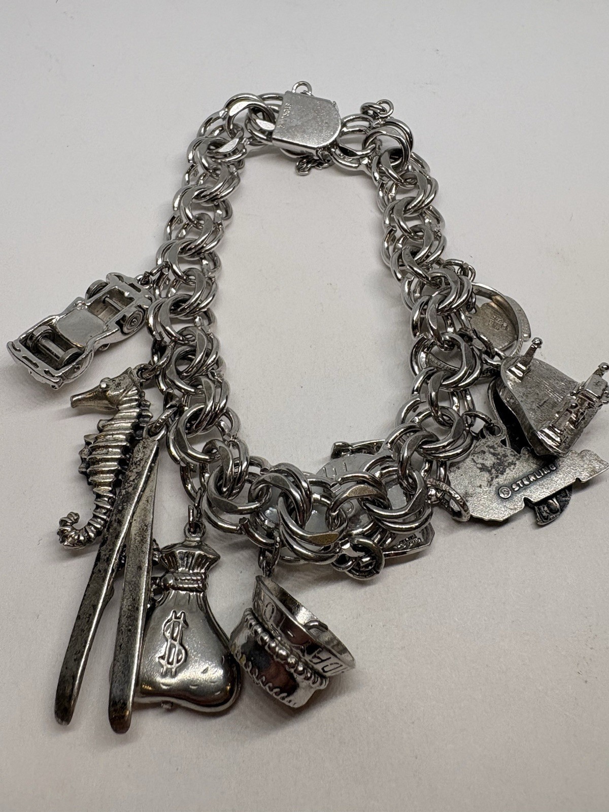 53g STERLING SILVER MASSIVE CHARM BRACELET STATE RING SKIS SEAHORSE HEART