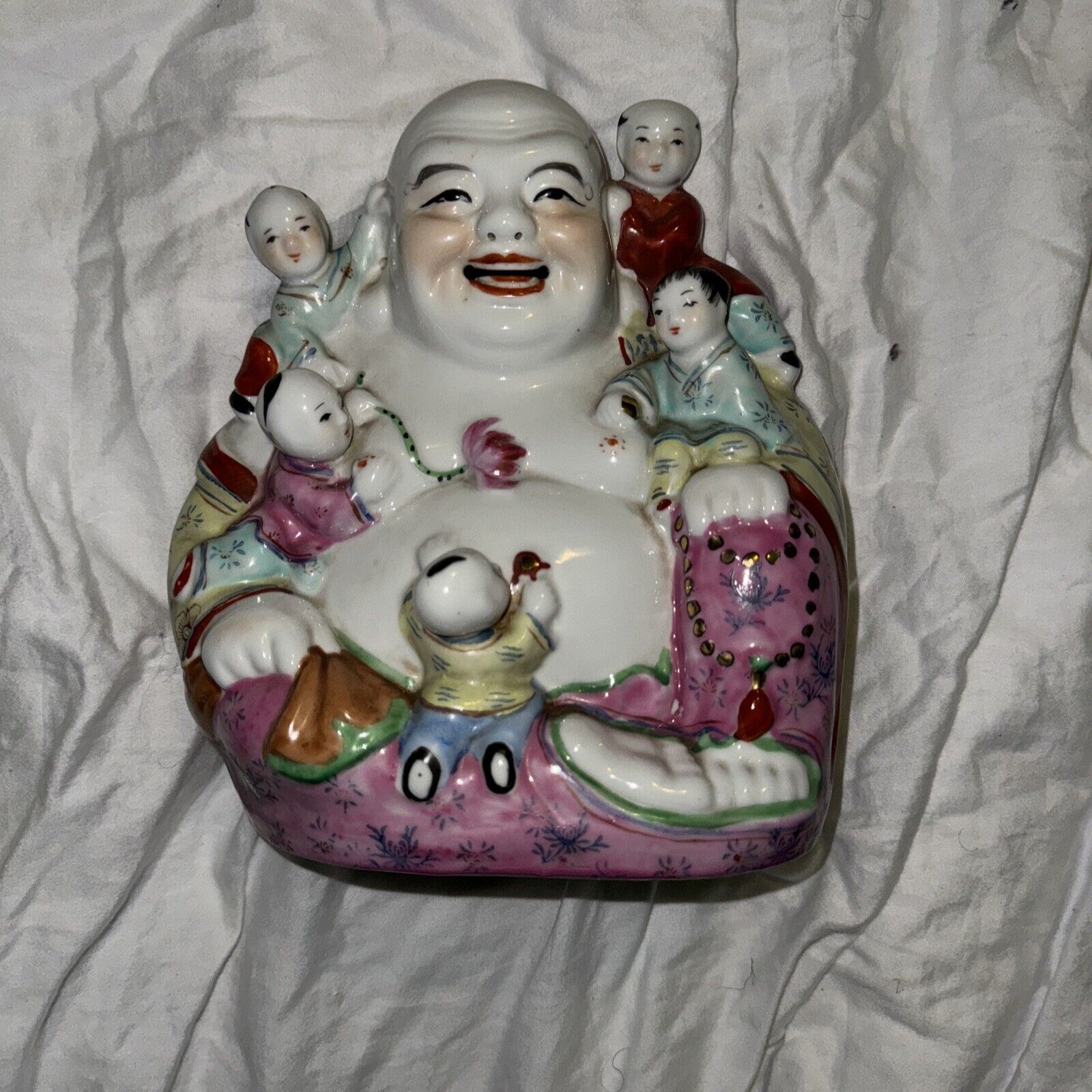 Fat Buddha Rose Happy Laughing Buddha Statue With 5 Children Antique