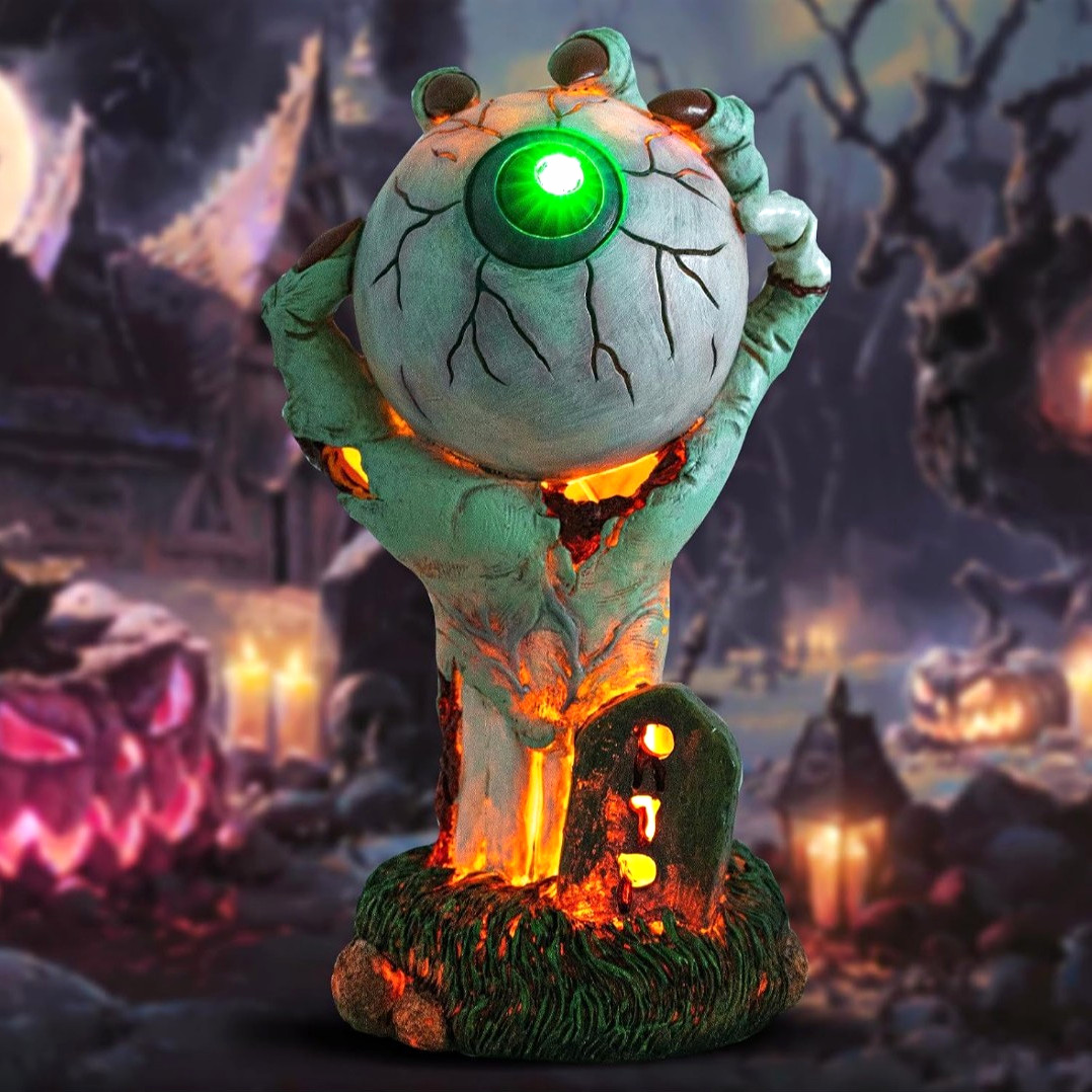 Halloween Lighted Eyeball in Hand Statue, Resin, Green/White/Orange