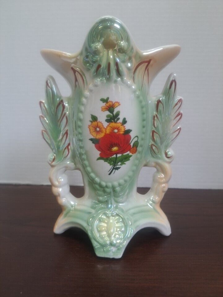 Brazilian Lusterware Green With Poppies Vase