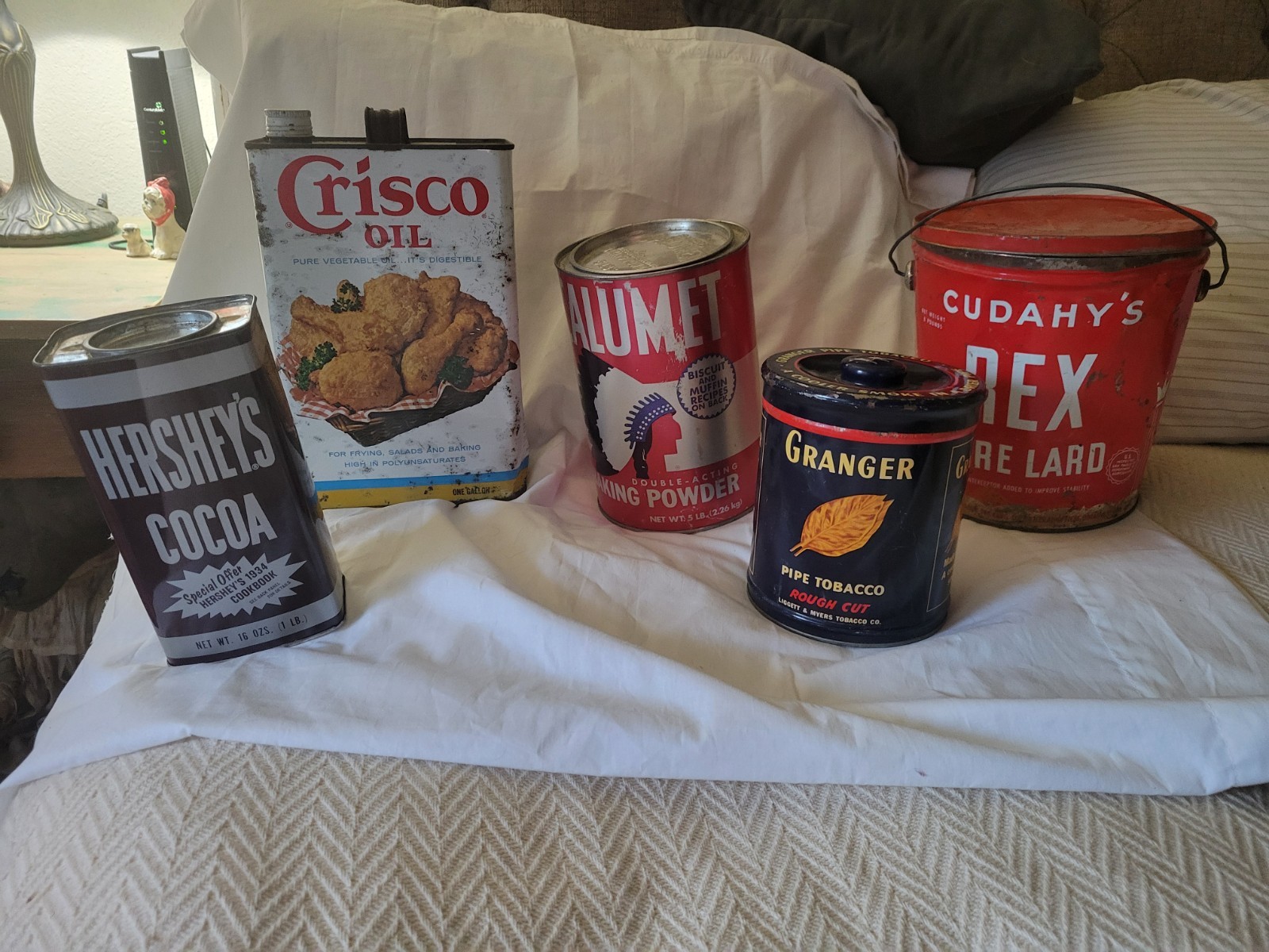 5 Vntg Tin Cans Crisco Oil/Rex Lard/Baking Powder/Tobacco/Cocoa