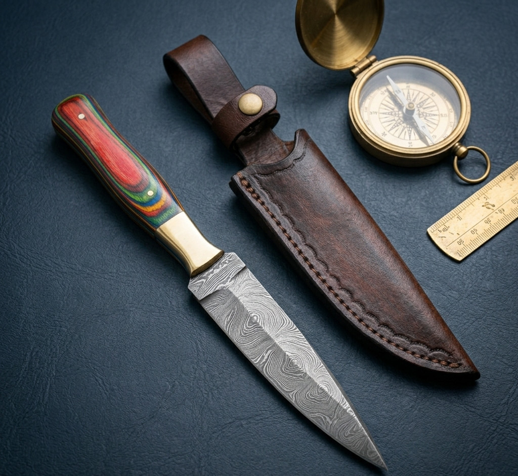 Handmade Damascus Steel Hunting Knife Dagger Multi-Color Wood Handle With Sheath